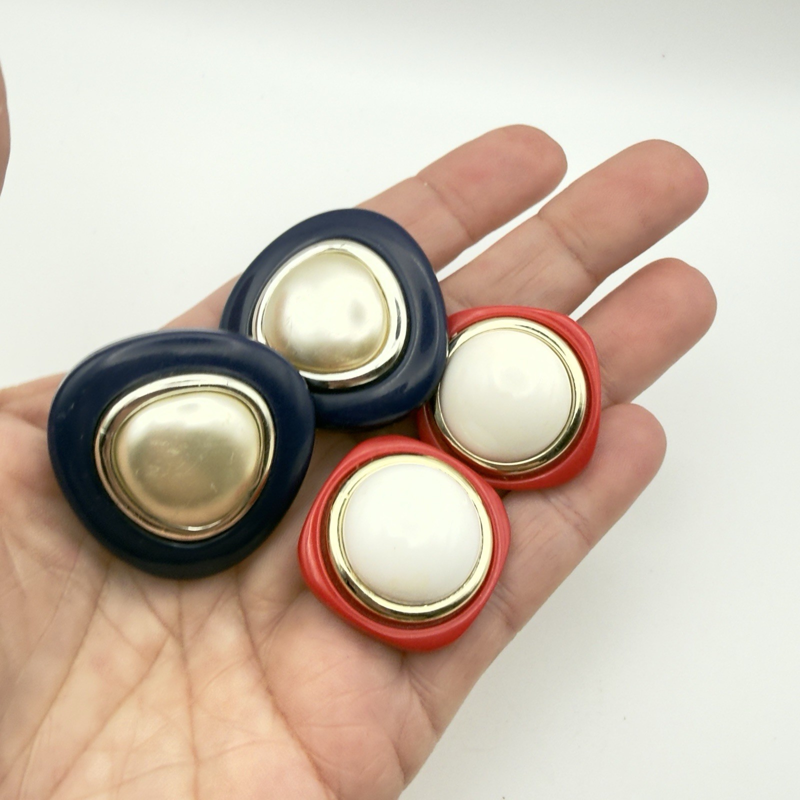 Vintage Clip On earrings Lot Nautical Red White Blue Hoop Button Retro 10pr USA