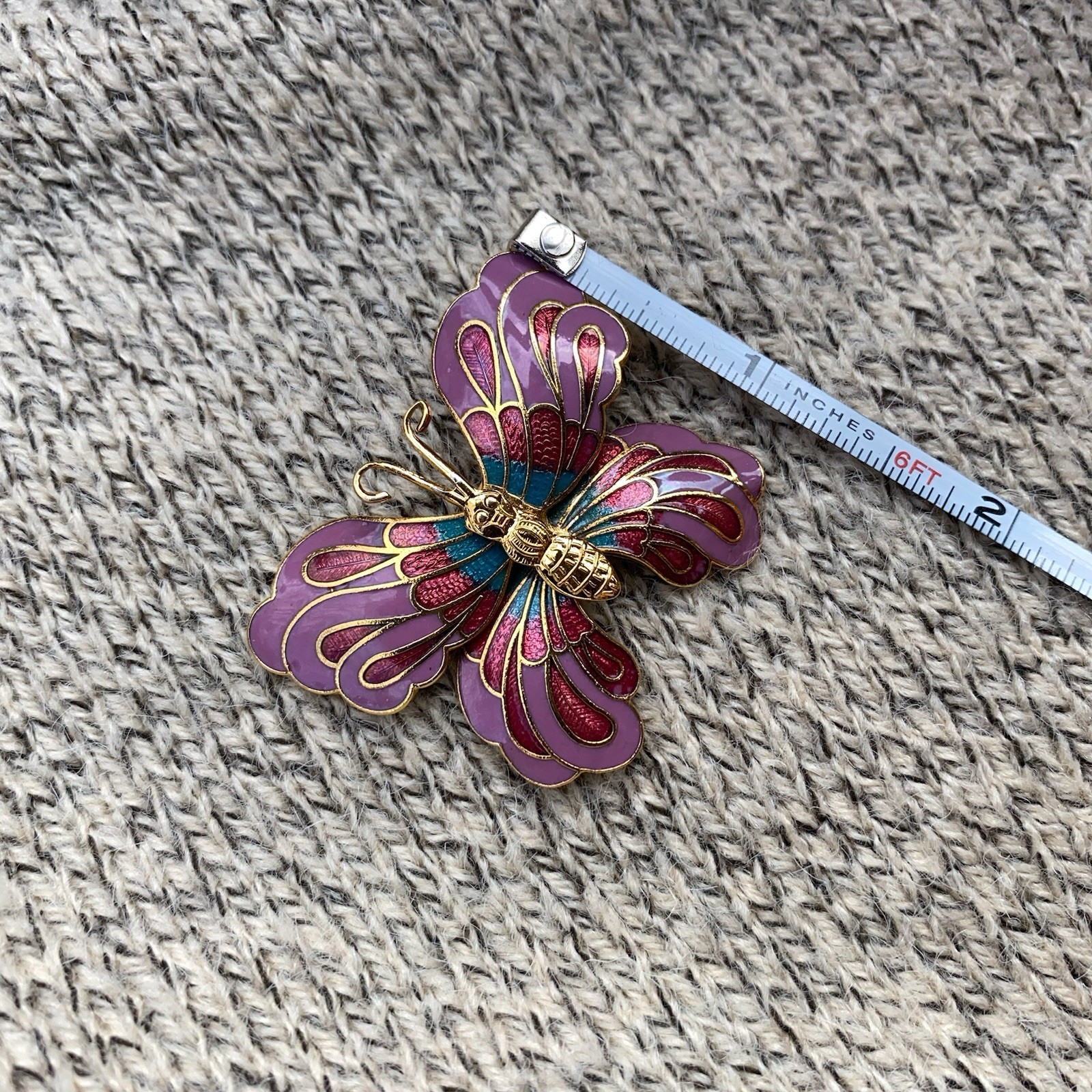 Vintage Butterfly Brooch Cloisone 3D Enamel Pink Lepidoptra 80s Gift Gold Tone