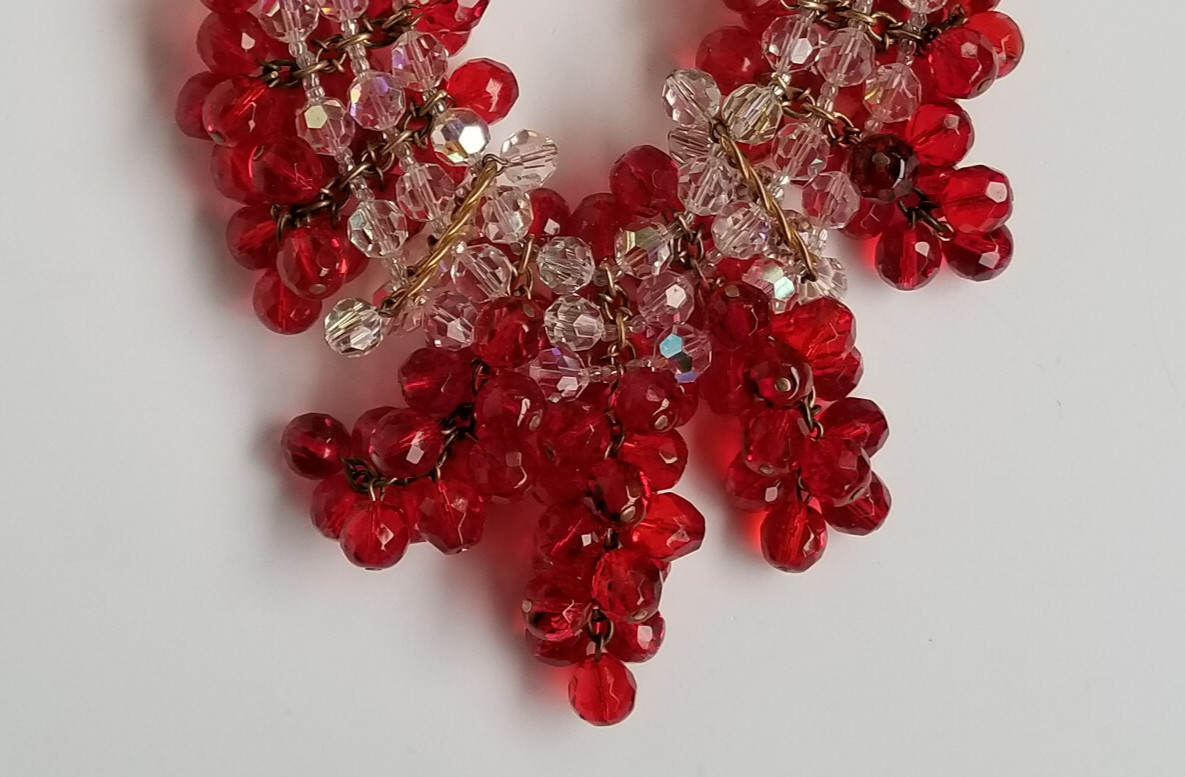 Vintage Signed France AB Bead & Red Glass Cluster Bead Necklace