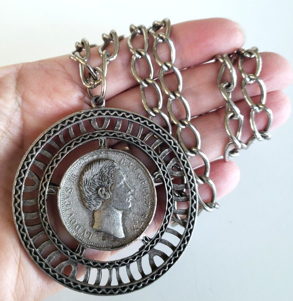 Vintage Medallion Coin Silver Tone Clasp Less Necklace 28″