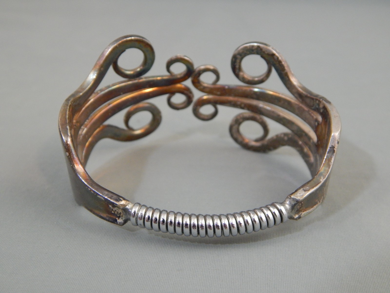 Vintage Hand Crafted Silver Plate Folk Art Double Fork Clamper Cuff Bracelet