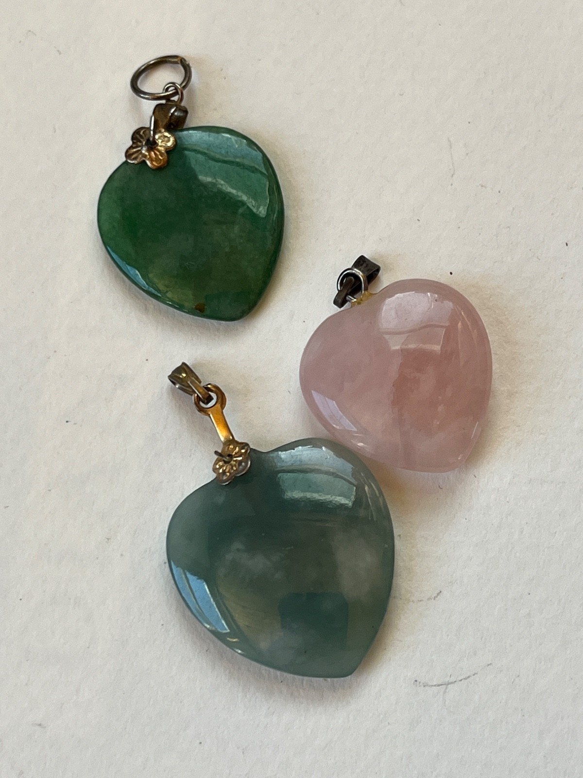 Lot of 3 Carved Green Stone or Pink Rose Quarts Heart Shaped Pendants or Charms