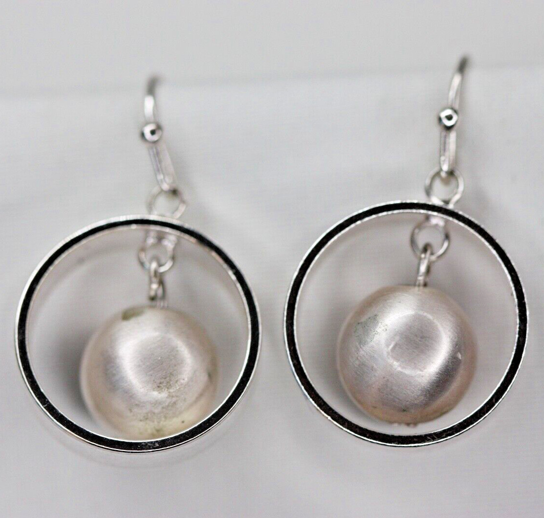 Silver Tone Floating Faux Pearl Bead Dangle Drop Hoop Earrings
