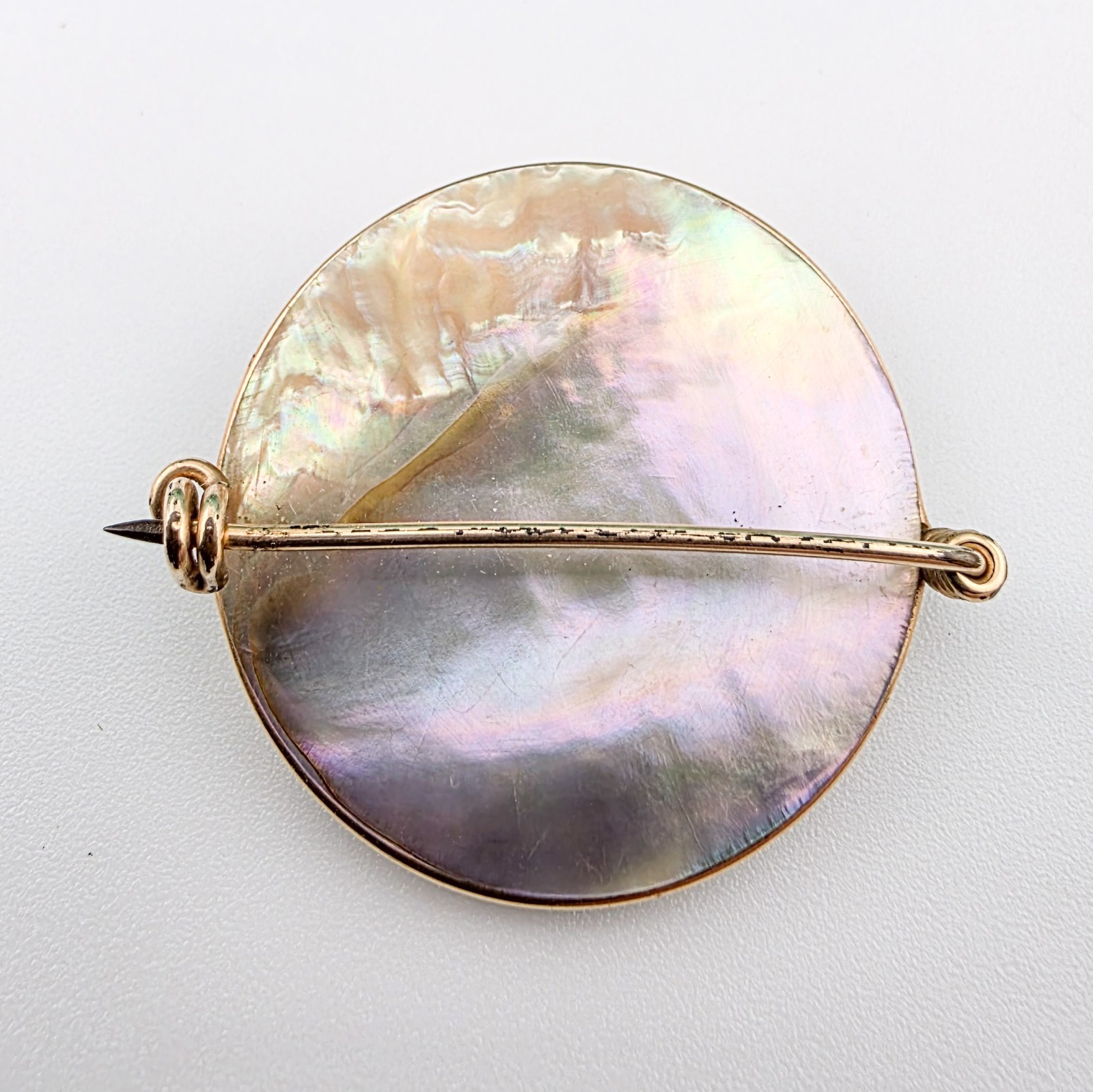 Vintage Abalone and Applied Mother Of Pearl Cameo Goldtone Setting 1″