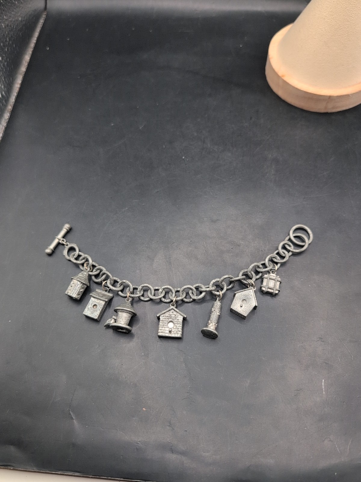 Vintage Jim Clift Pewter Signed Birdhouse/Bird Feeder Charm Bracelet Unique
