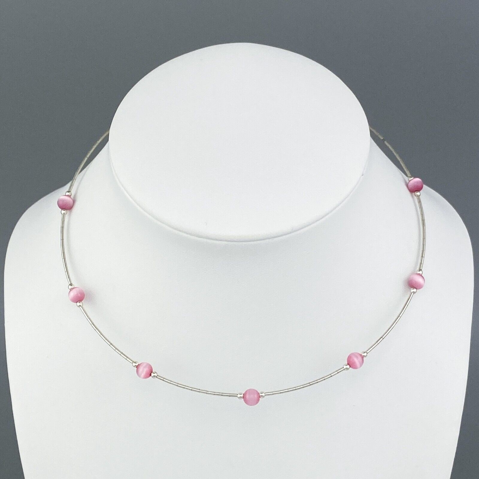 Pink Cat’s Eye Tension Wire Necklace | Vintage Sterling Silver | 16″