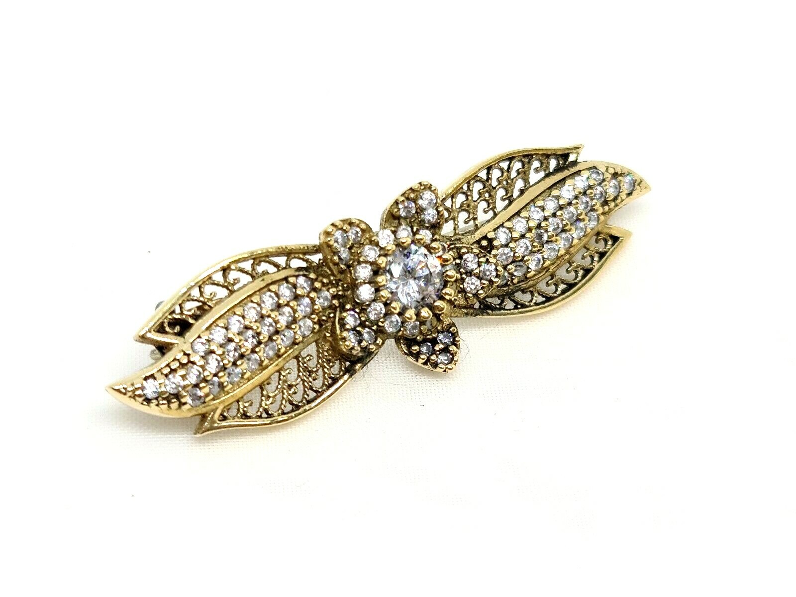 Vintage Silver Brooch Plated With Gold Water Set With Zrconia Stones #982#