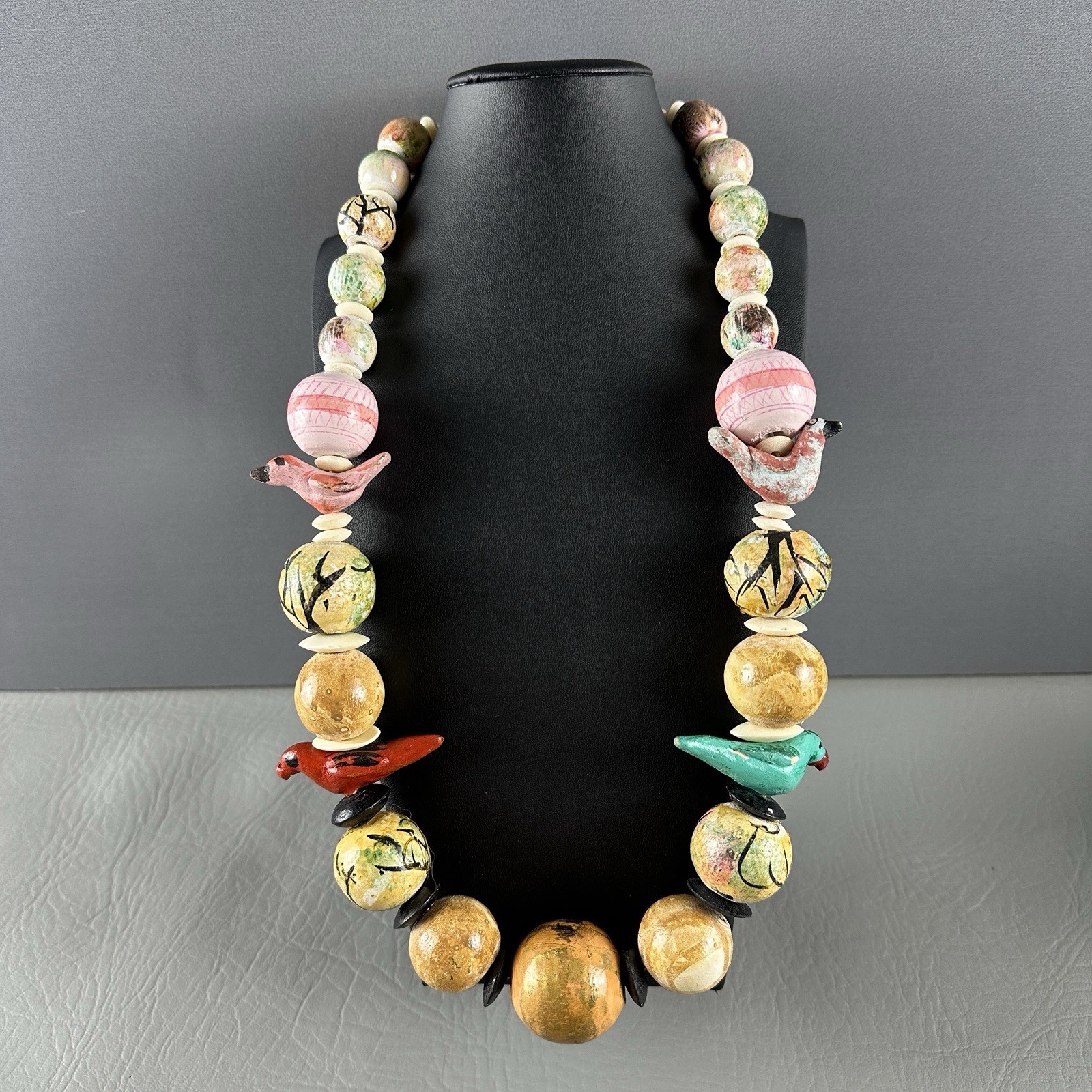 Vintage Hand Painted Necklace Bird Bead Artisan Wood 27”