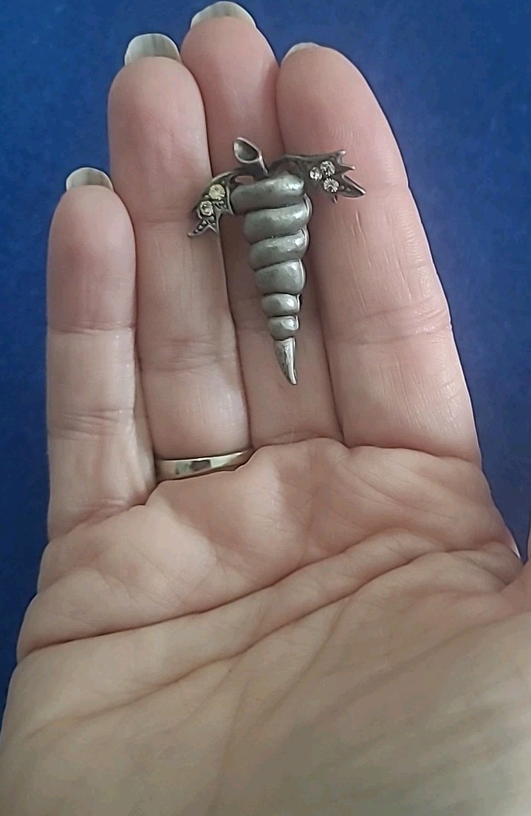Fun Vintage Pewter Carrot w/Crystal Rhinestone Leaves On Top Brooch Pin