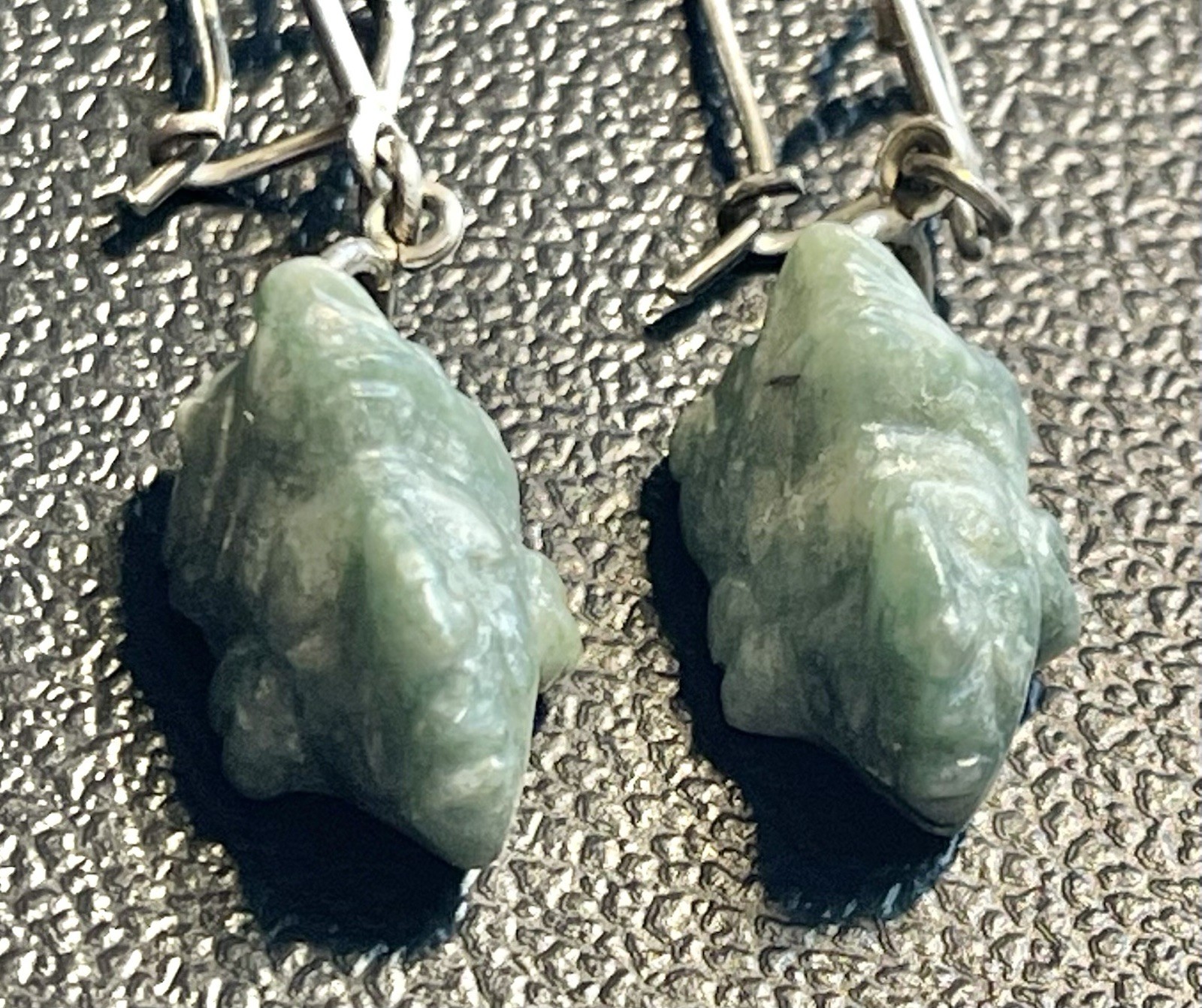 Vintage Mayan Aztec Mask Head Dangle Earrings Green Face Jade (?) Stone Silver