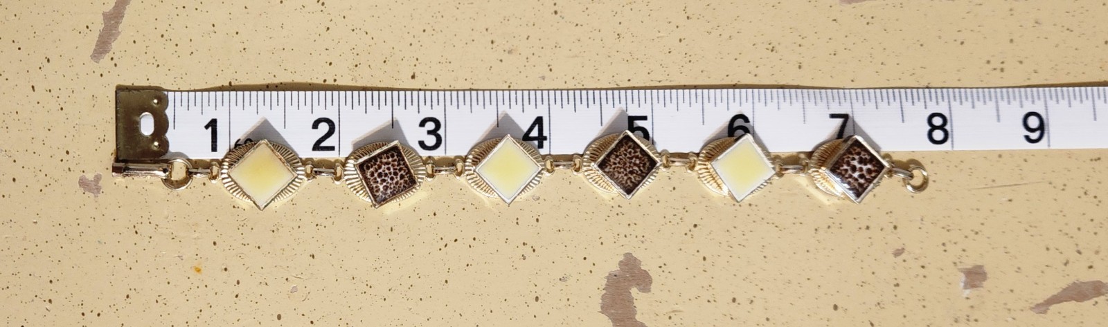 VTG 1960’s GOLDTONE BRACELET SPLOTCH BROWN & WHITE, LIGHT YELLOW Tiles