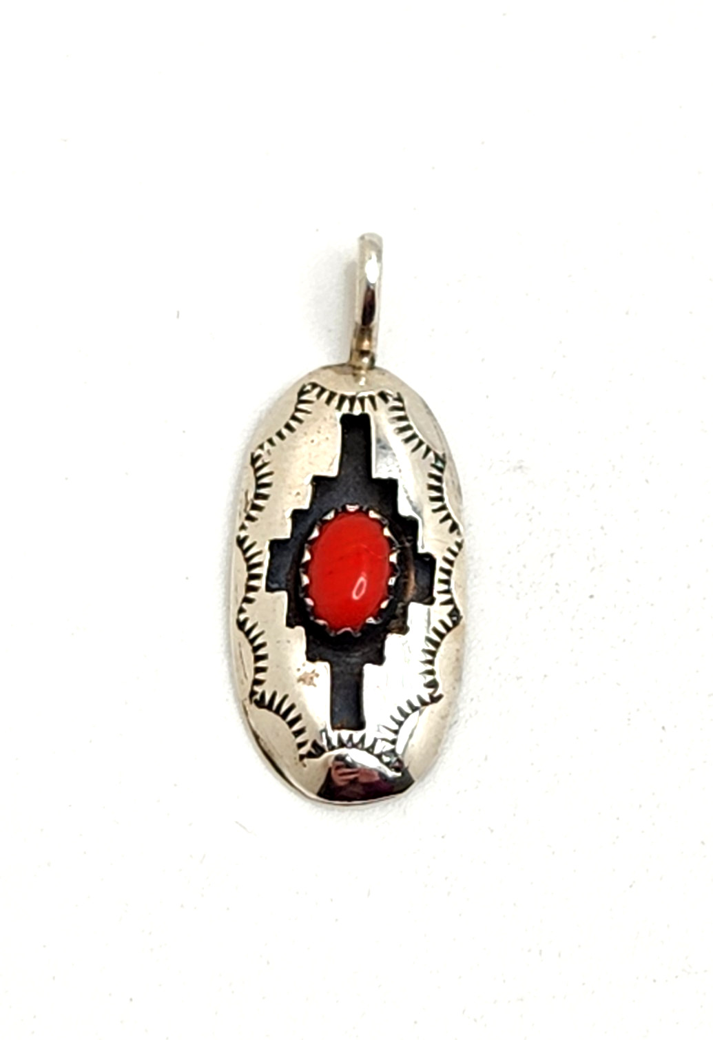 Sterling Silver Coral Cabochon Oval Shadowbox Pendant, Signed P, 1 1/8″ Tall