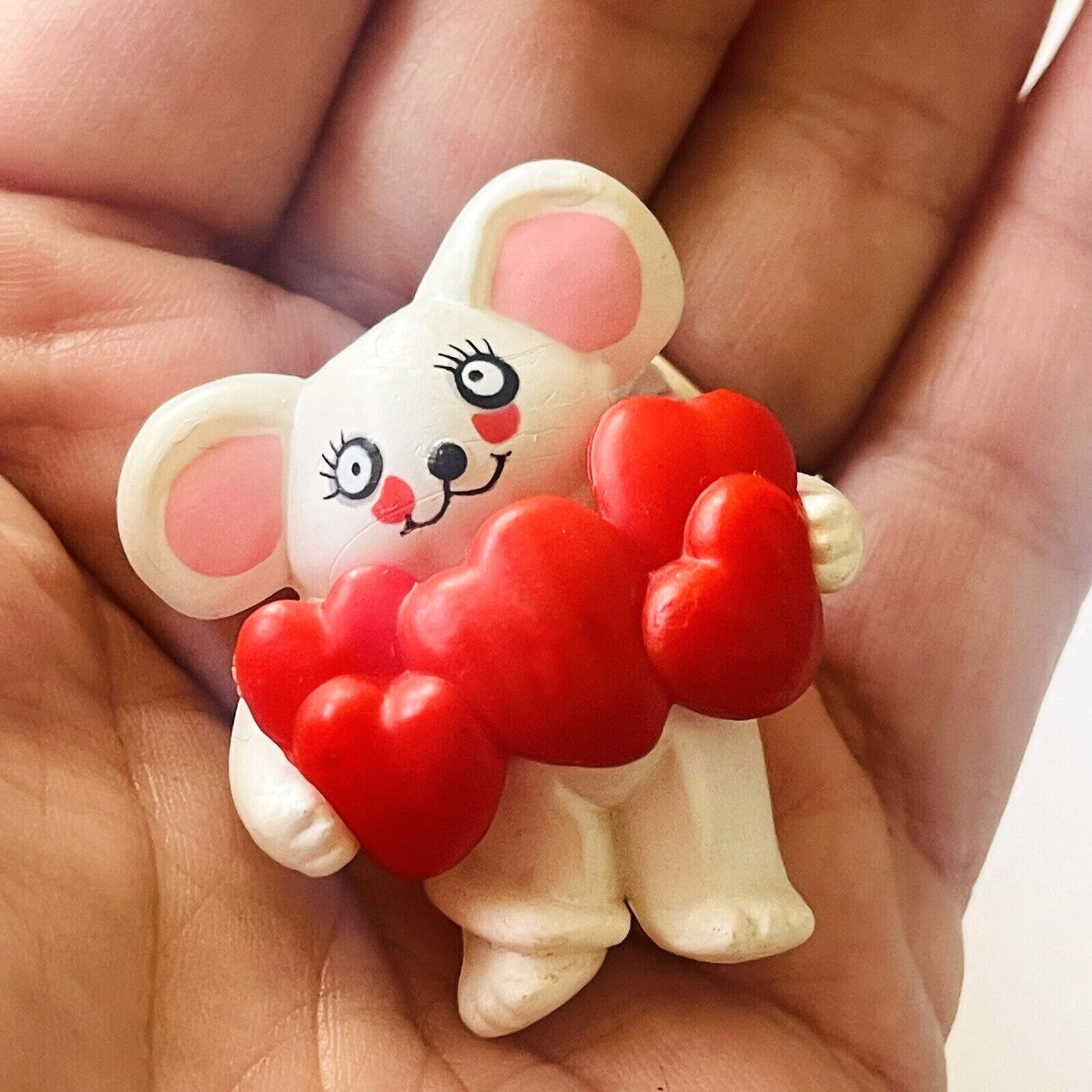 80s Brooch Lapel Pin Mouse Hearts Love Red White Pink Fun World 1984 Vintage