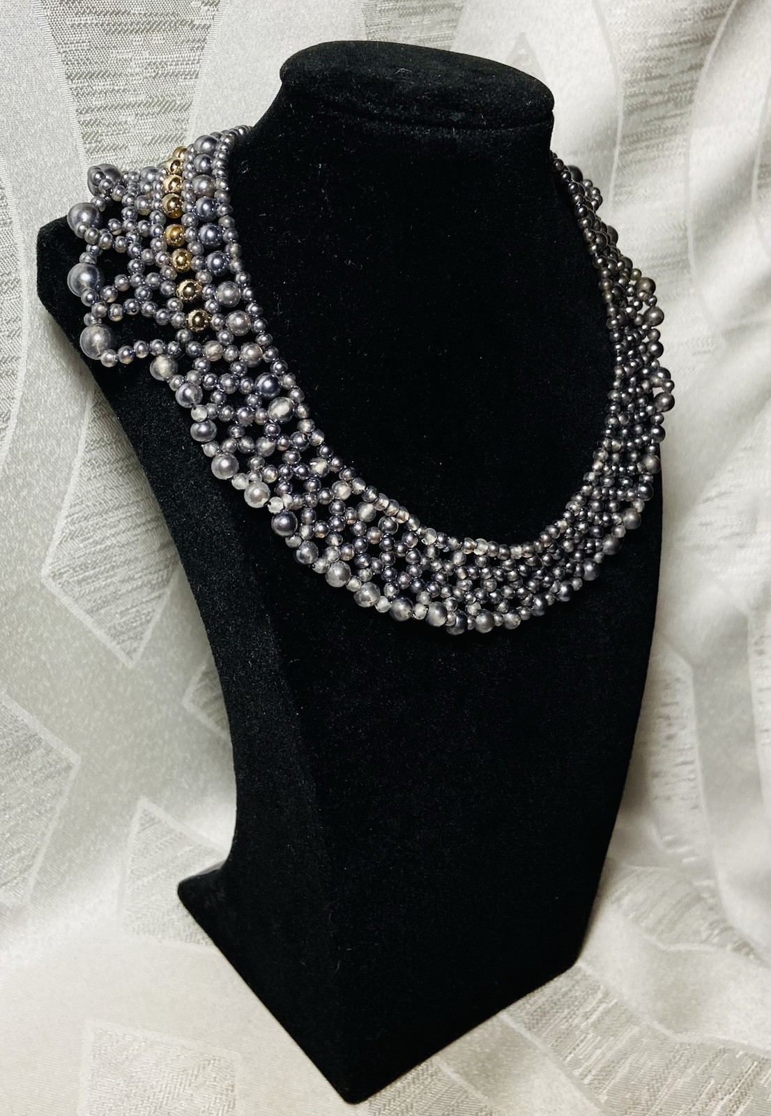 Vintage 1960s Hand Knotted Beaded Collar Necklace Gray Gunmetal Gold Tone Bib