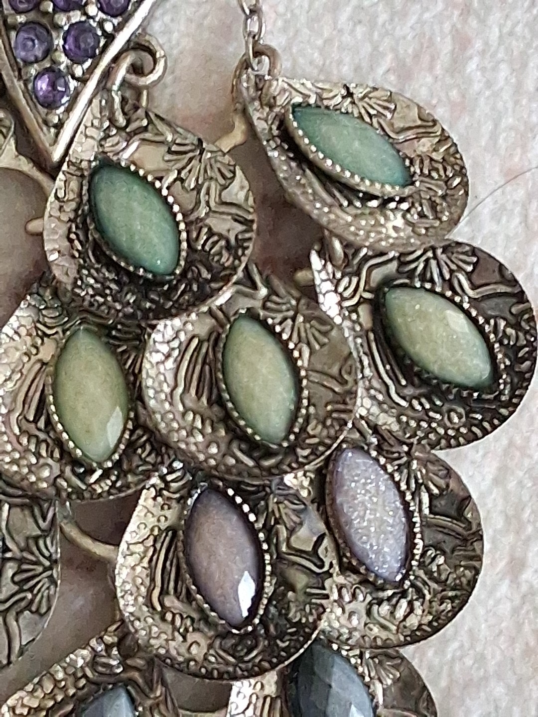 Boho Vintage Peacock Pendant Articulated Purple Green Rhinestones No Chain