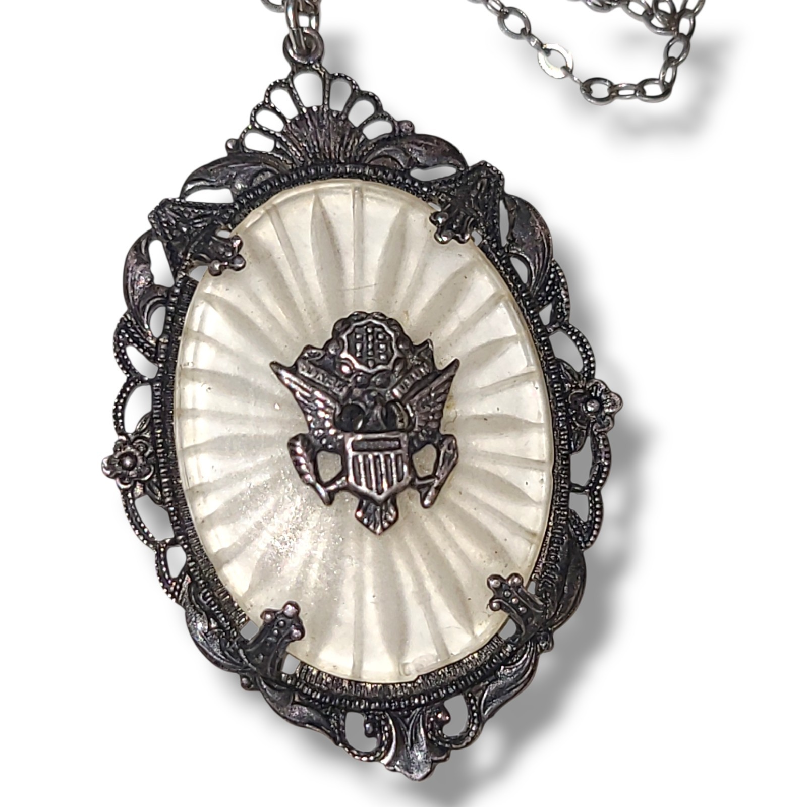 Vintage Sterling Silver Camphor Glass Eagle Pendant Necklace Art Deco 16in