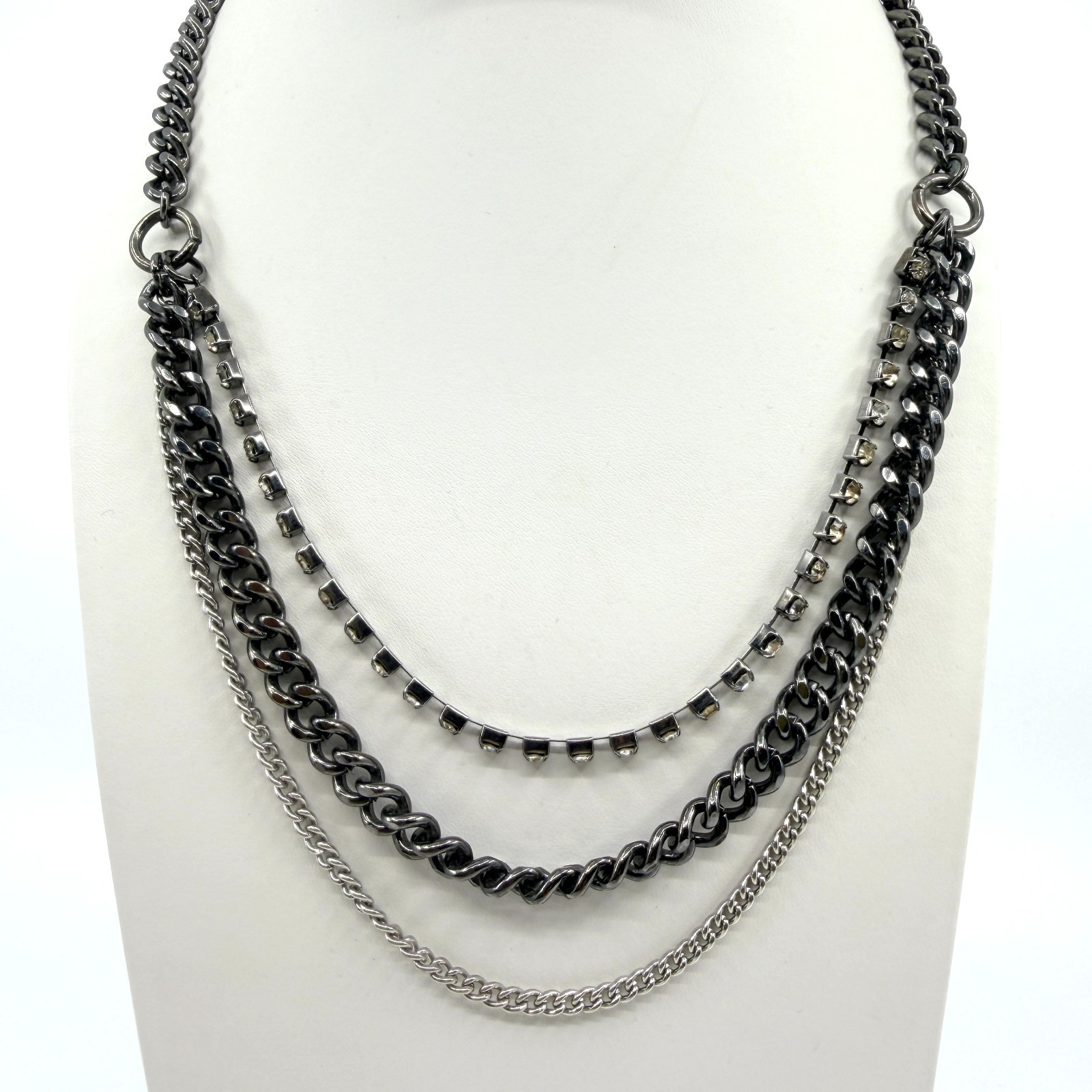 Vintage Gunmetal Tone Layered Necklace Multi Strand Chunky Curb Chain Rhinestone