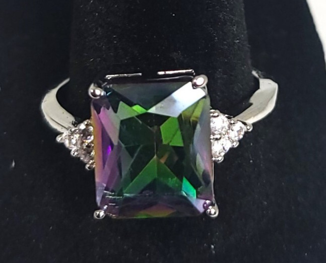 Large Square Cushion Cut Mystic Topaz Lab Created Diamond Side Accents Eng Ring