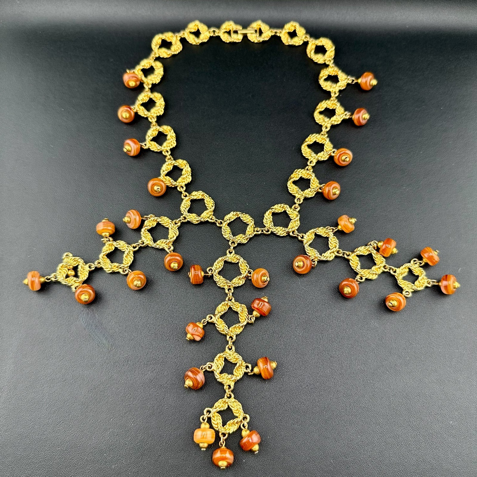 Vintage Statement Necklace Bib Fringe Hammered Gold Tone Link Agate Bead Dangles