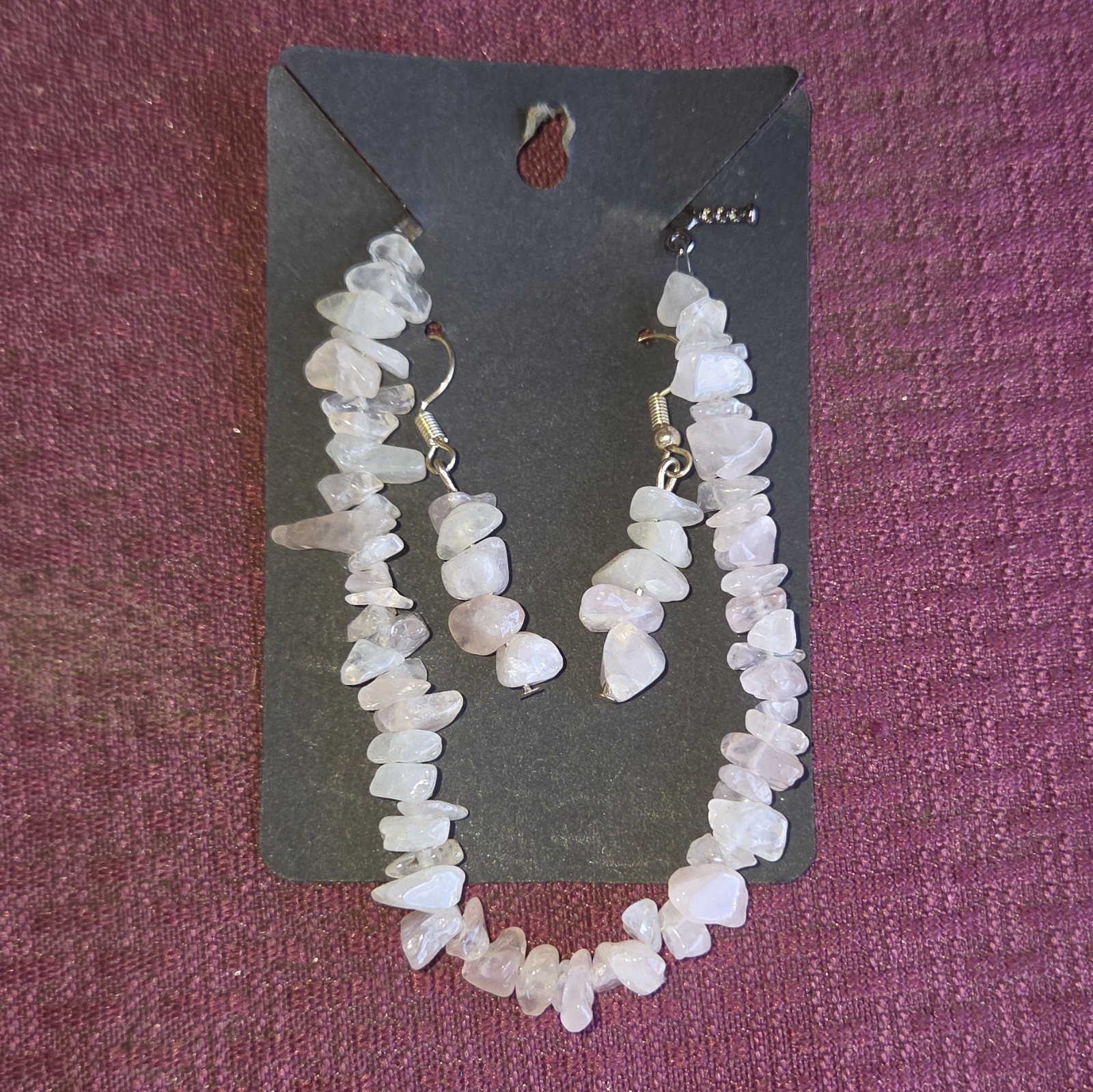 Rose Quartz Pink Chip Bead Necklace & Dangle Earrings Women’s Jewelry Set