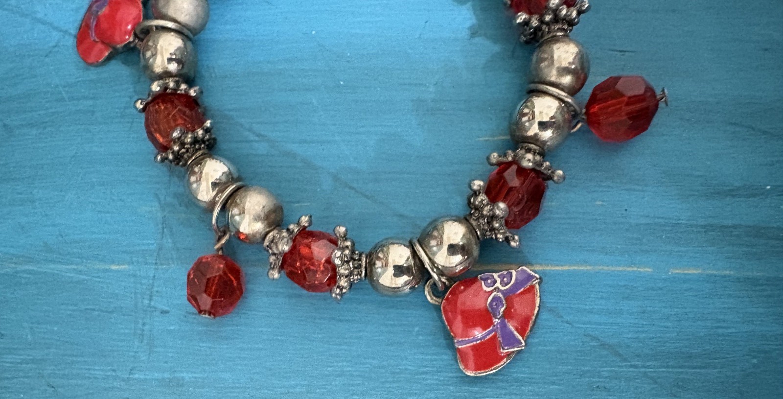 Vintage Red Hat Society Stretch Red and Silver Beaded Charm Bracelet