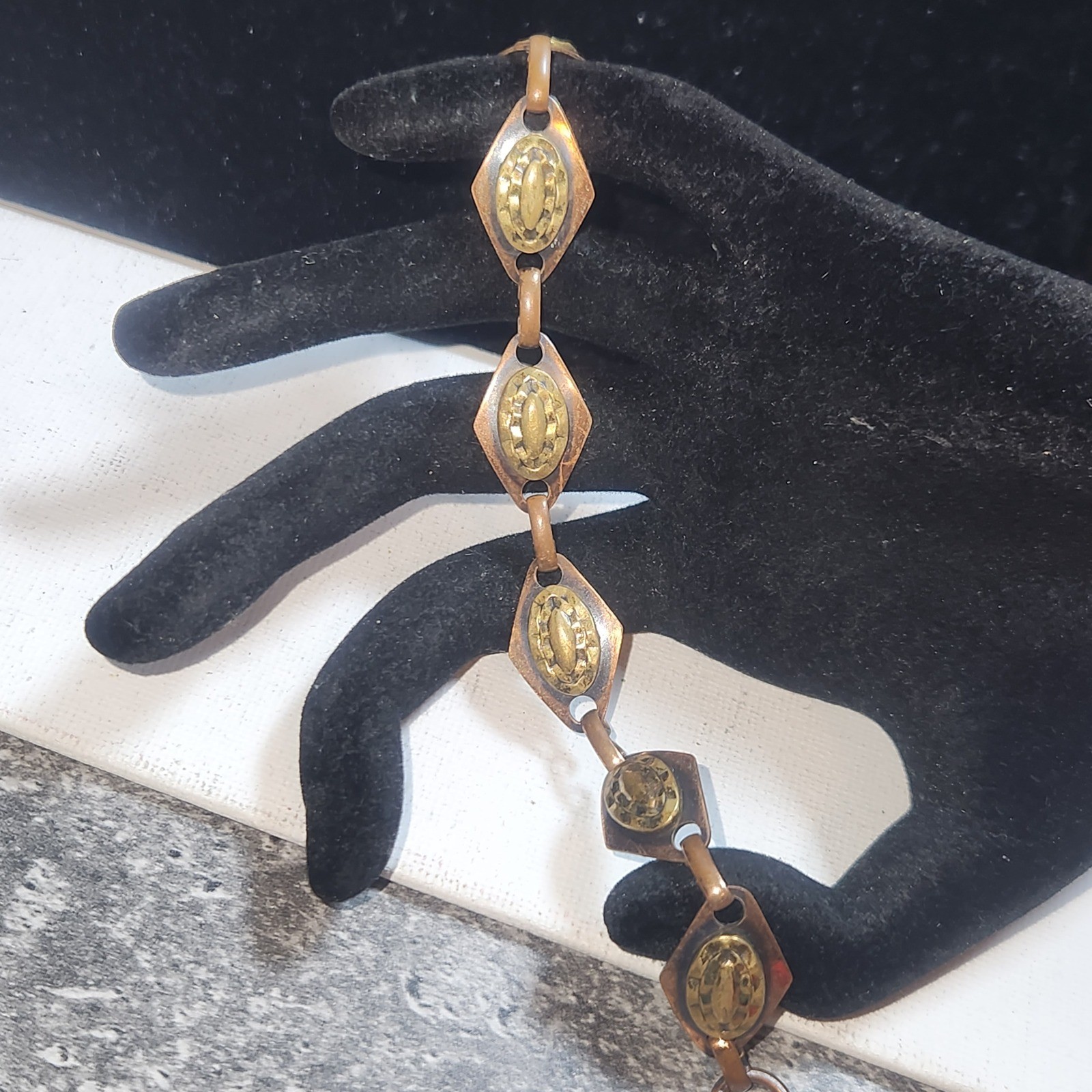 Vintage Copper Diamond Link Bracelet Textured Gold Tone Oval Accents Boho Retro