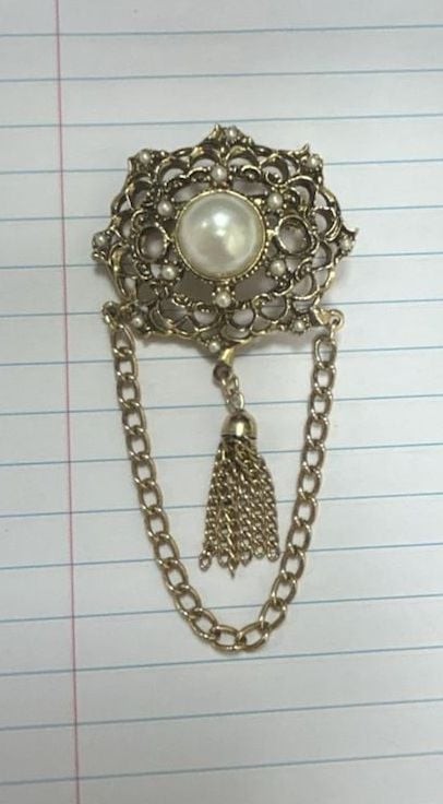 Vintage Ornate Gold Tone Filigree Brooch Faux Pearl Center Hanging Tassel Chain