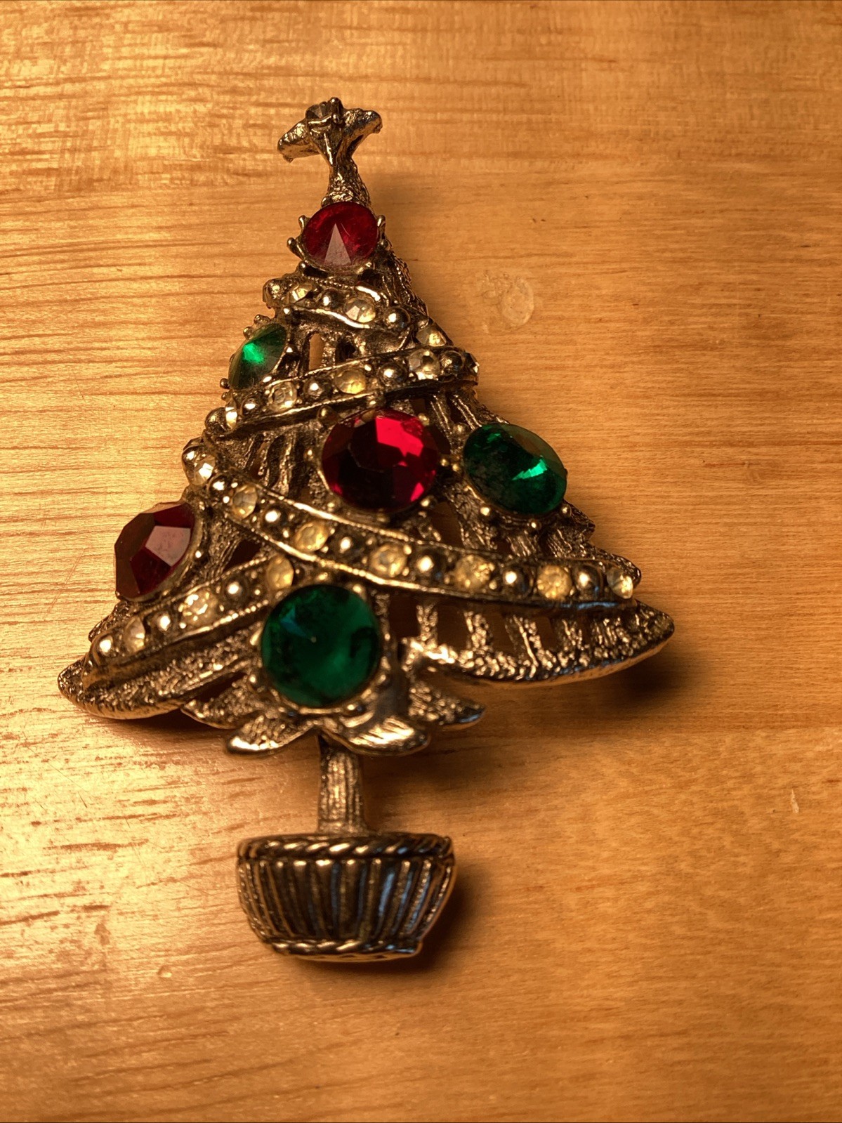 Vintage Christmas tree red green Stone brooch pin collectible jewelry