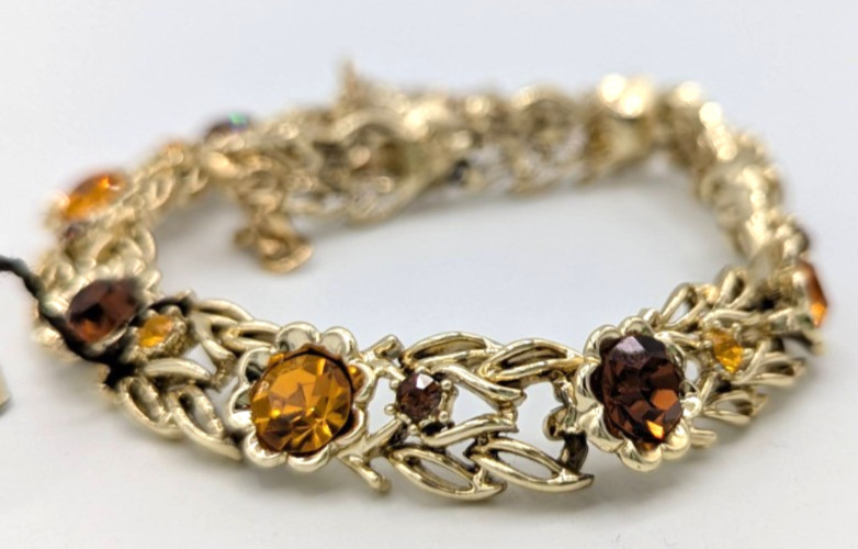 Vintage Coro Rhinestone Necklace Fall Colors Gold Tone Leaves Choker NOS Tag
