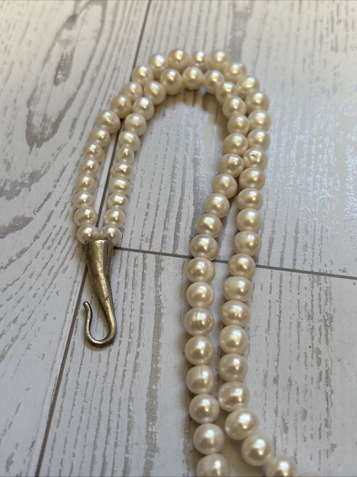Vintage Double Strand Genuine Pearl Necklace 925 Sterling Silver Cone Hook Clasp