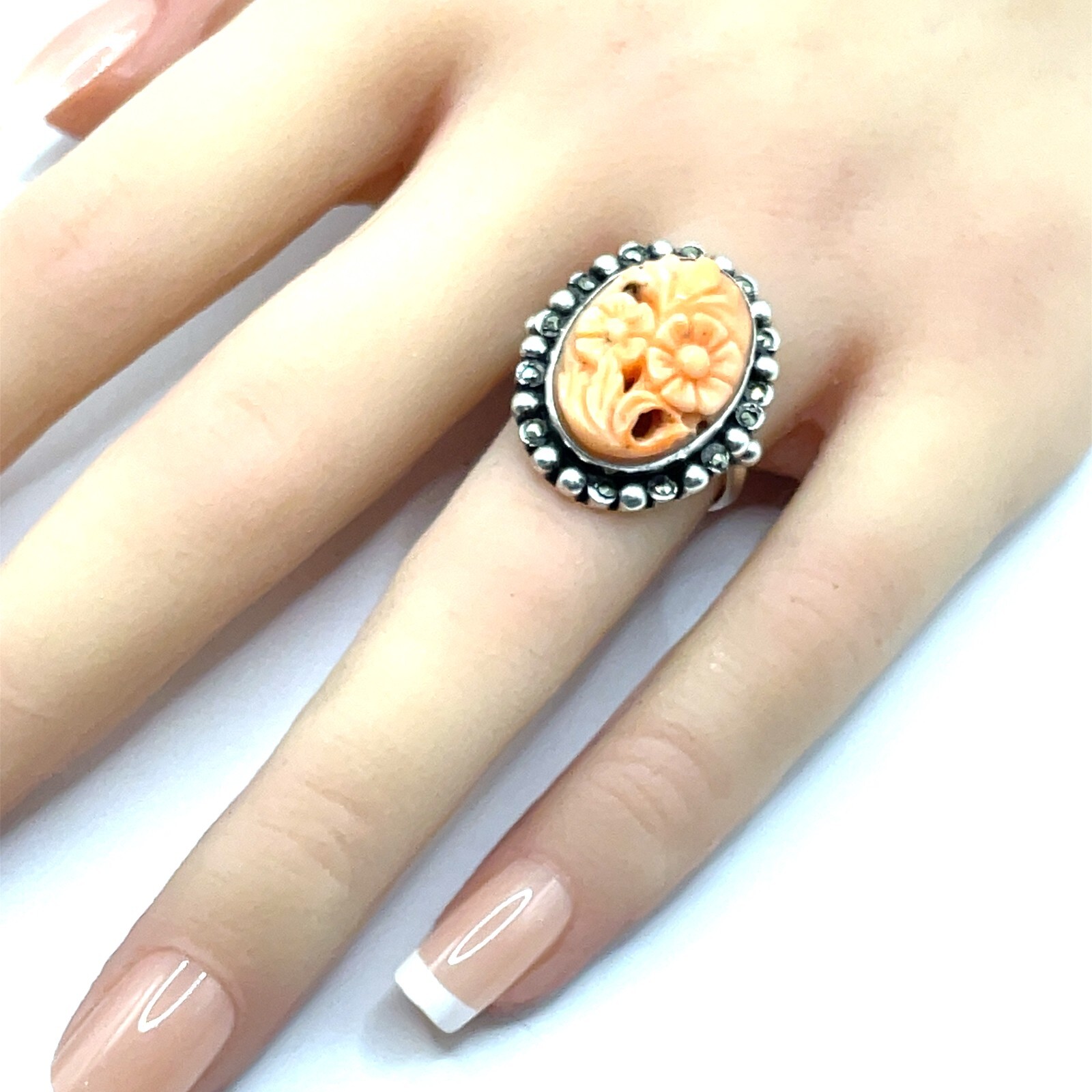800 Silver Carved Coral and Marcasite Ring – Size 6