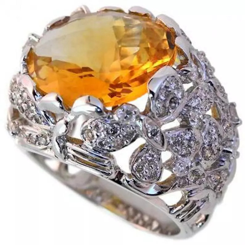 Large Honey Yellow 9.64ct Citrine With Flower Design White CZ Women’s Fine Ring