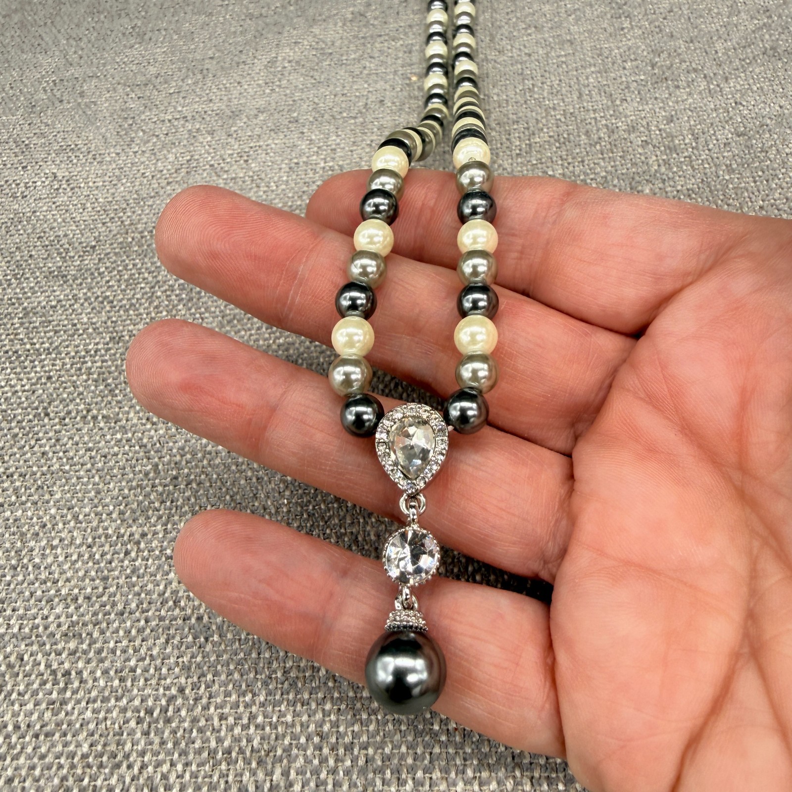 Vintage Coldwater Creek Necklace Gray Imitation Pearl Clear Rhinestone Drop