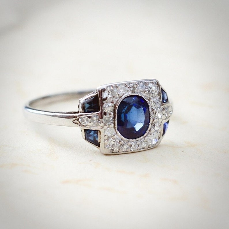 1Ctw Blue Cushion Bezel Set Art Deco Style Engagement Ring 925 Sterling Silver