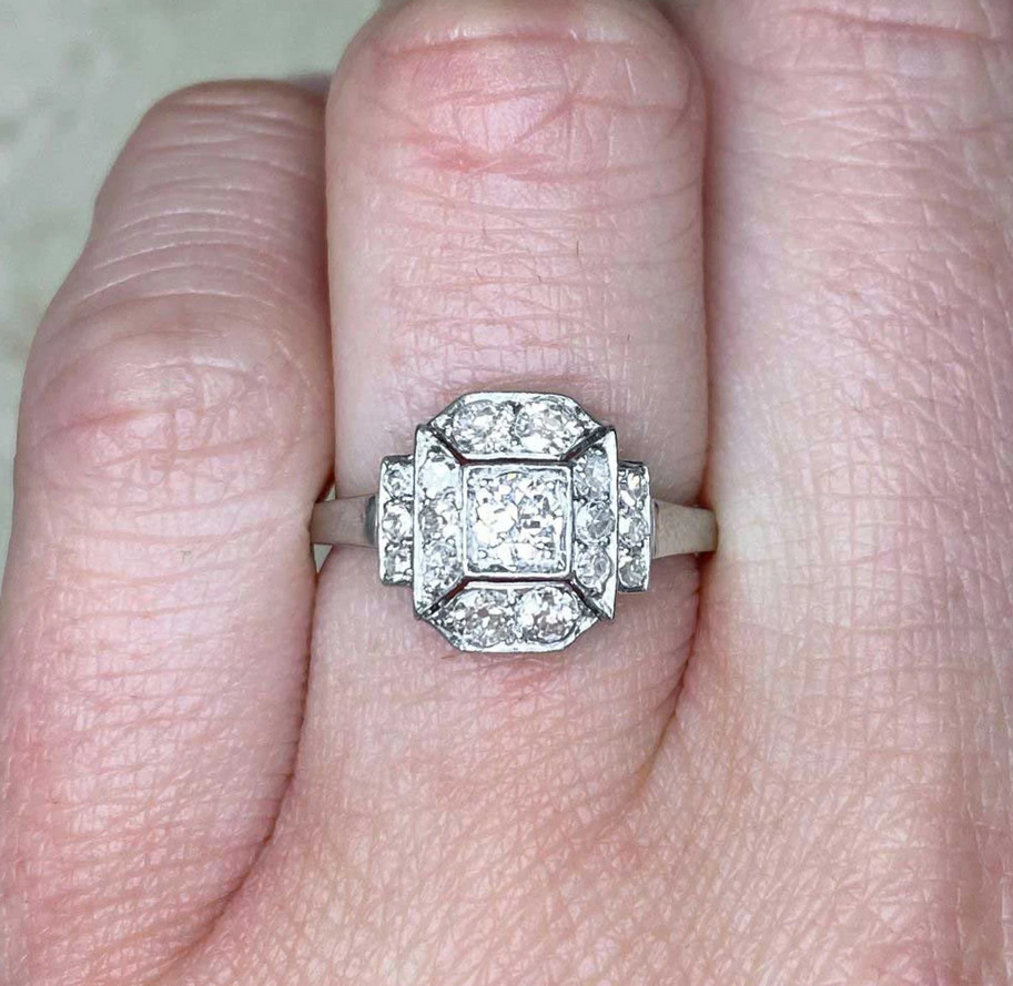 Art Deco Style Circa 1930 Lab Created Diamond Halo 925 Silver Engagement Ring