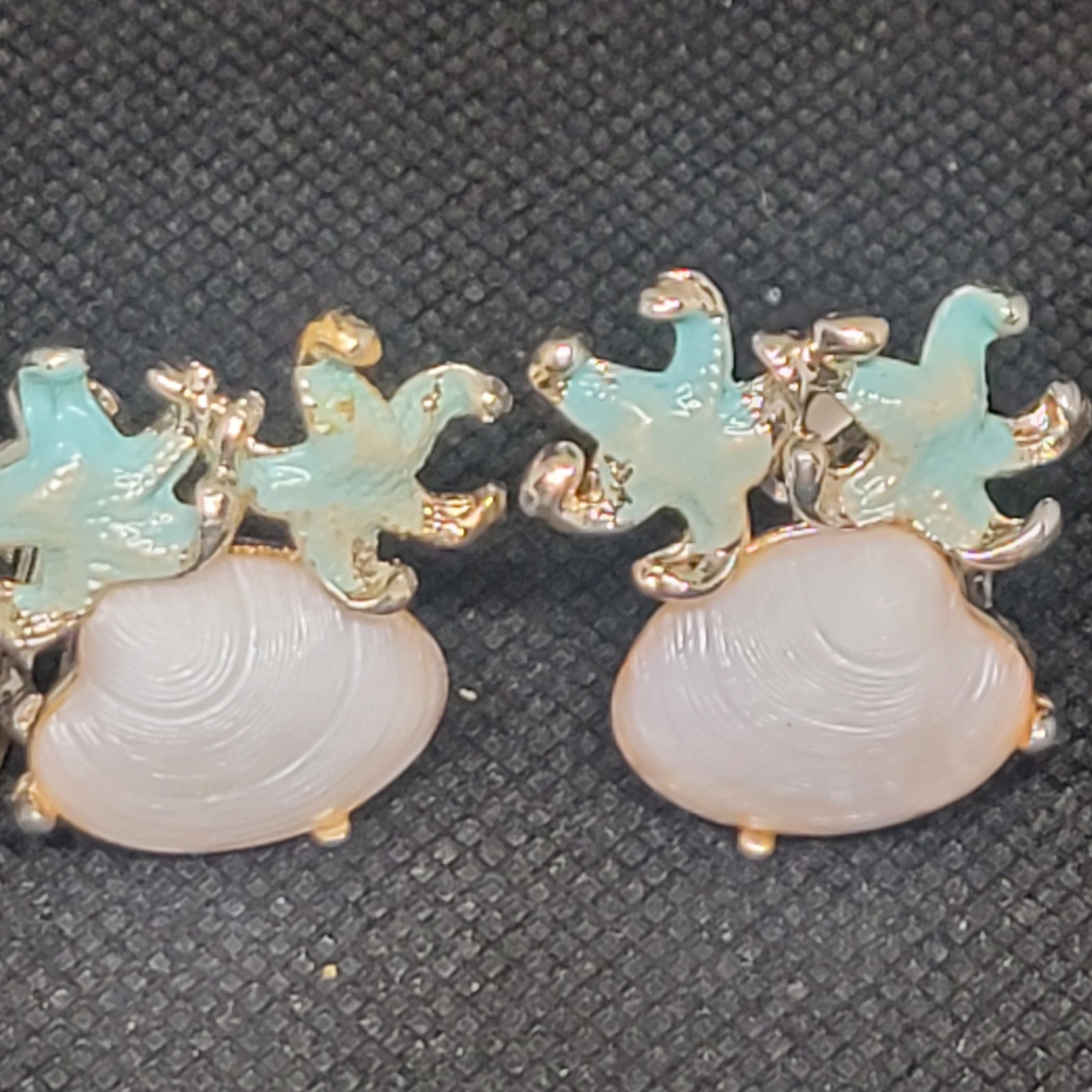Vintage Bracelet Clip On Earrings Acrylic Shell Enameled Starfish Beach READ