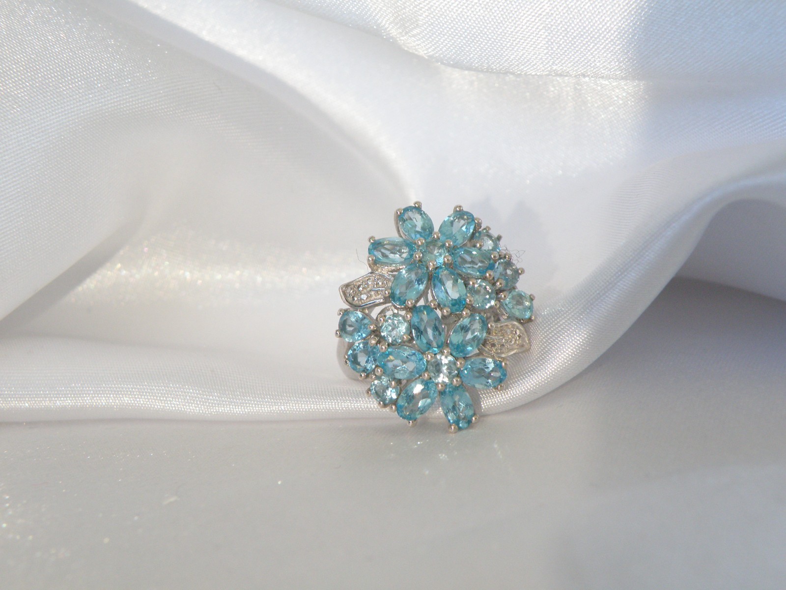 Vintage Sterling Silver 925 Cluster Natural Aqua Blue Apatite Large Ring Size 6