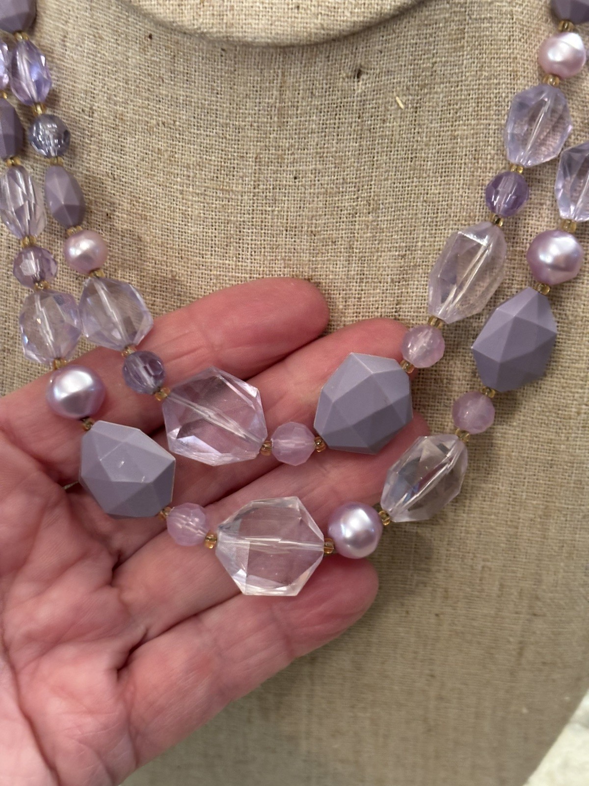 Vintage 50’s-60’s 2 Strand Plastic Lilac Beaded Choker Necklace 13 1/2 Inch