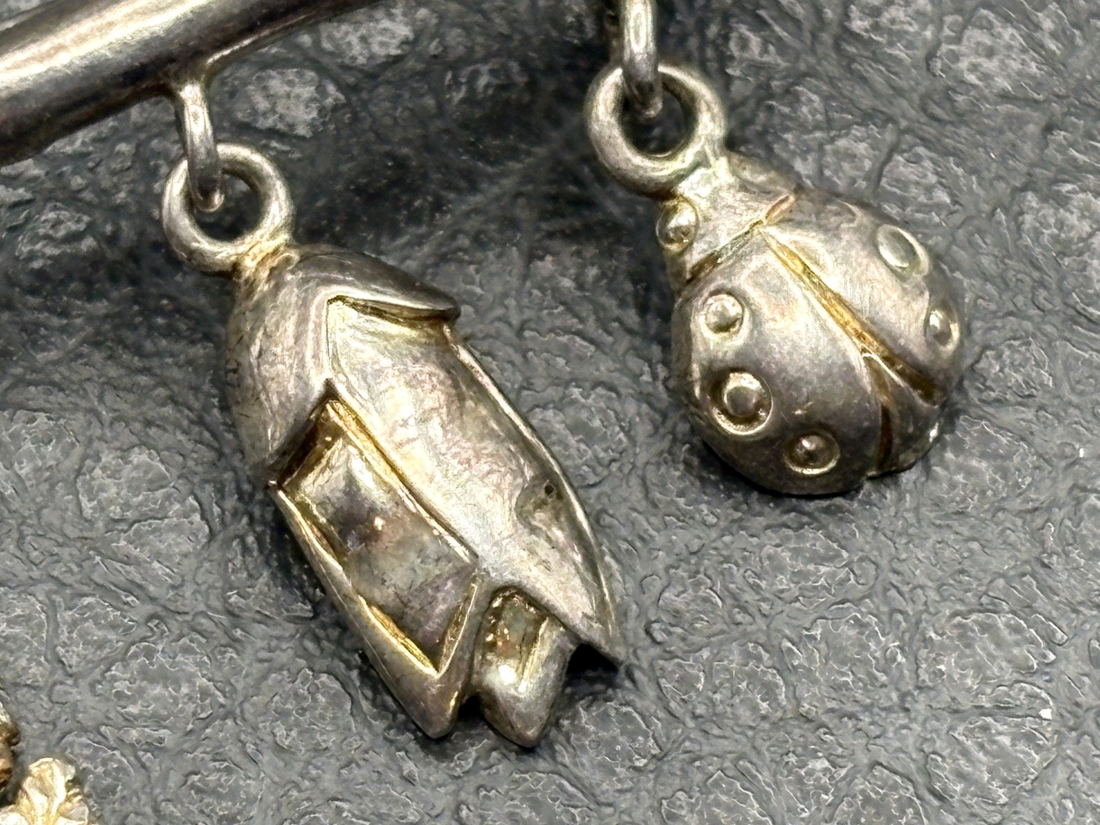 VTG Sterling Silver Garden Tool LADYBUG SHOVEL Sunflower Dangle Charm Brooch