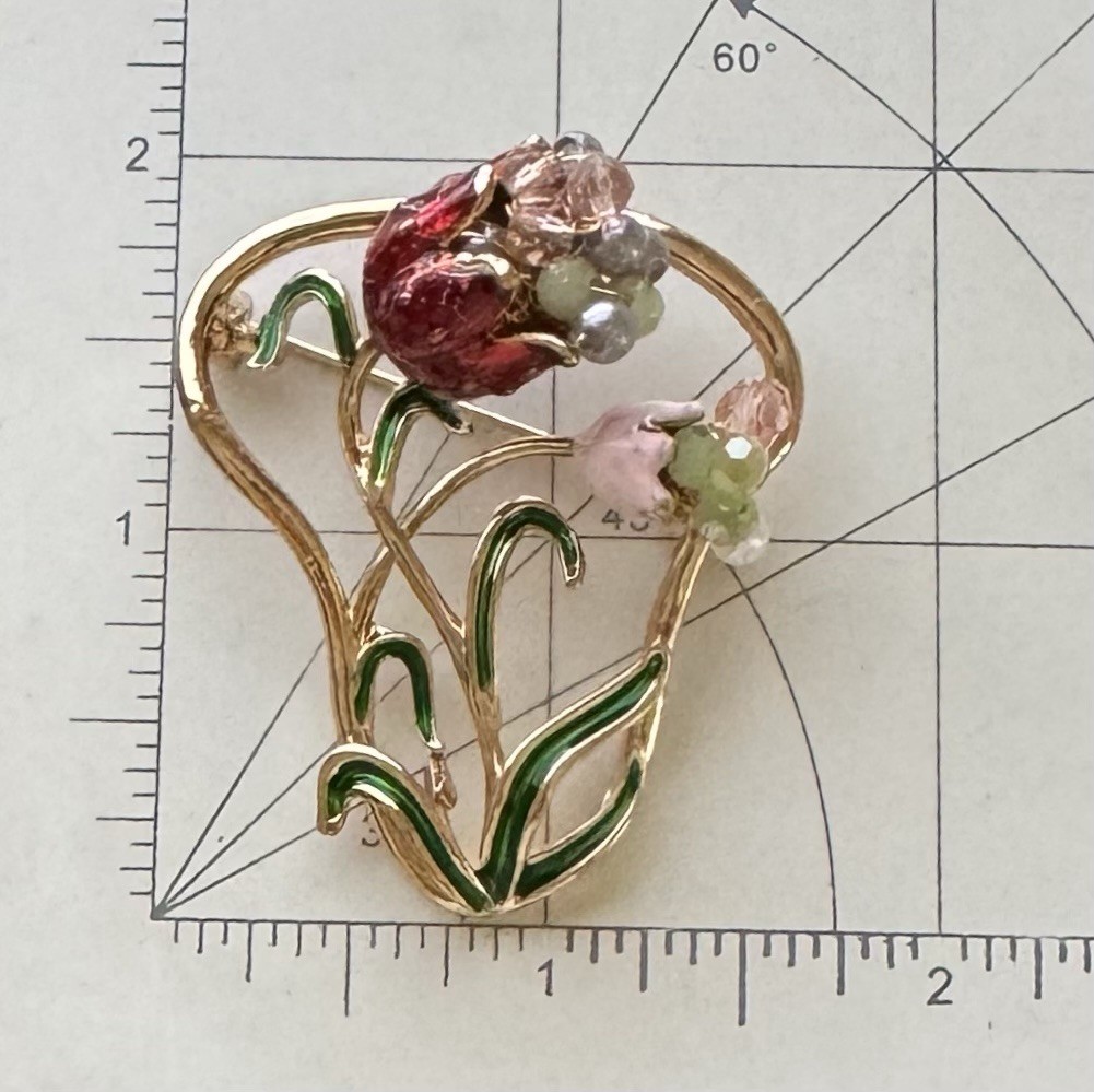Flower brooch Enamel On gold tone metal w/ beads