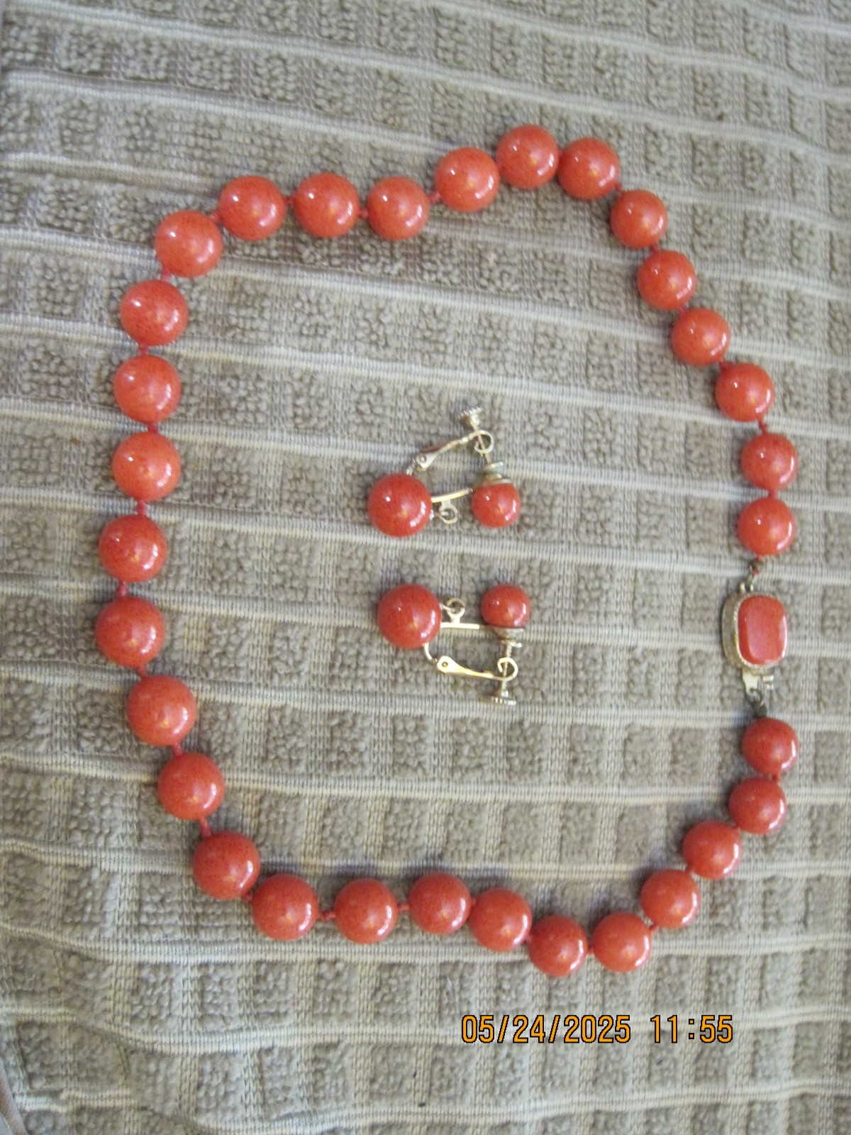Marvella Coral color necklace & screw back earrings with blue Marvella box