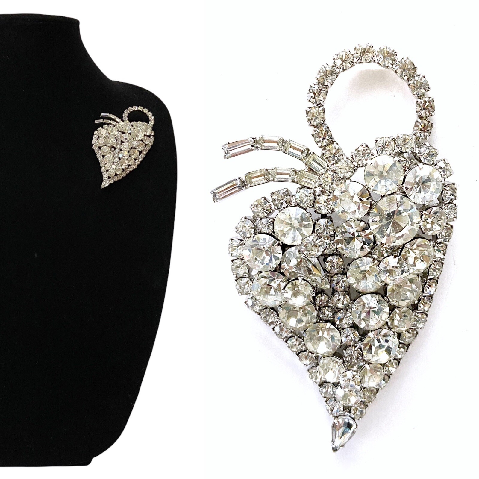 Vintage Large Clear Glass Rhinestone Crystal Prong Set Leaf Brooch Pin