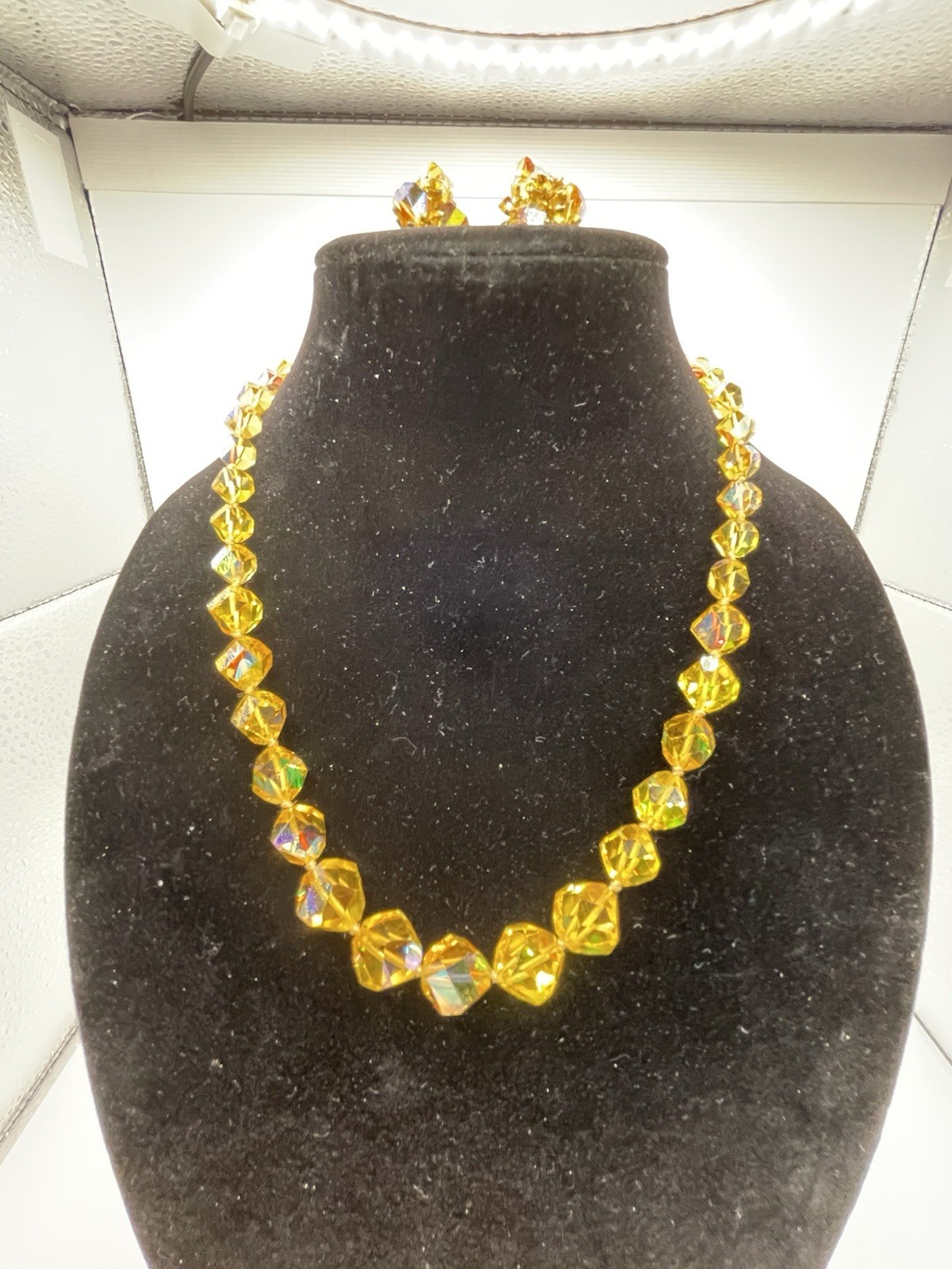 Vintage Vogue Honey Amber Faceted Czech Glass Necklace And Earring Demi- Parure
