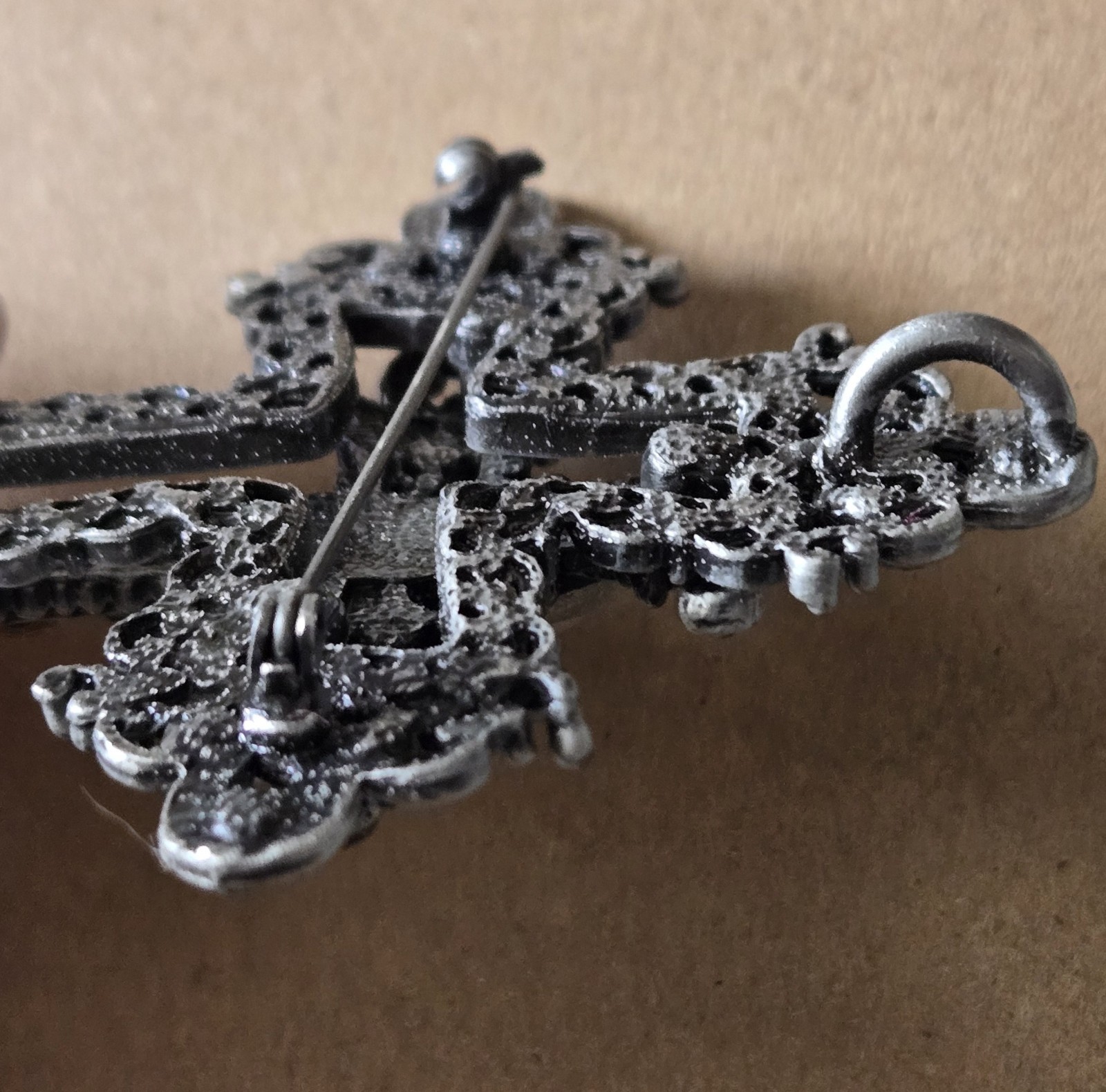 Gothic Cross Brooch Pin Amber Rhinestones Black Silver Tone Filigree 3″