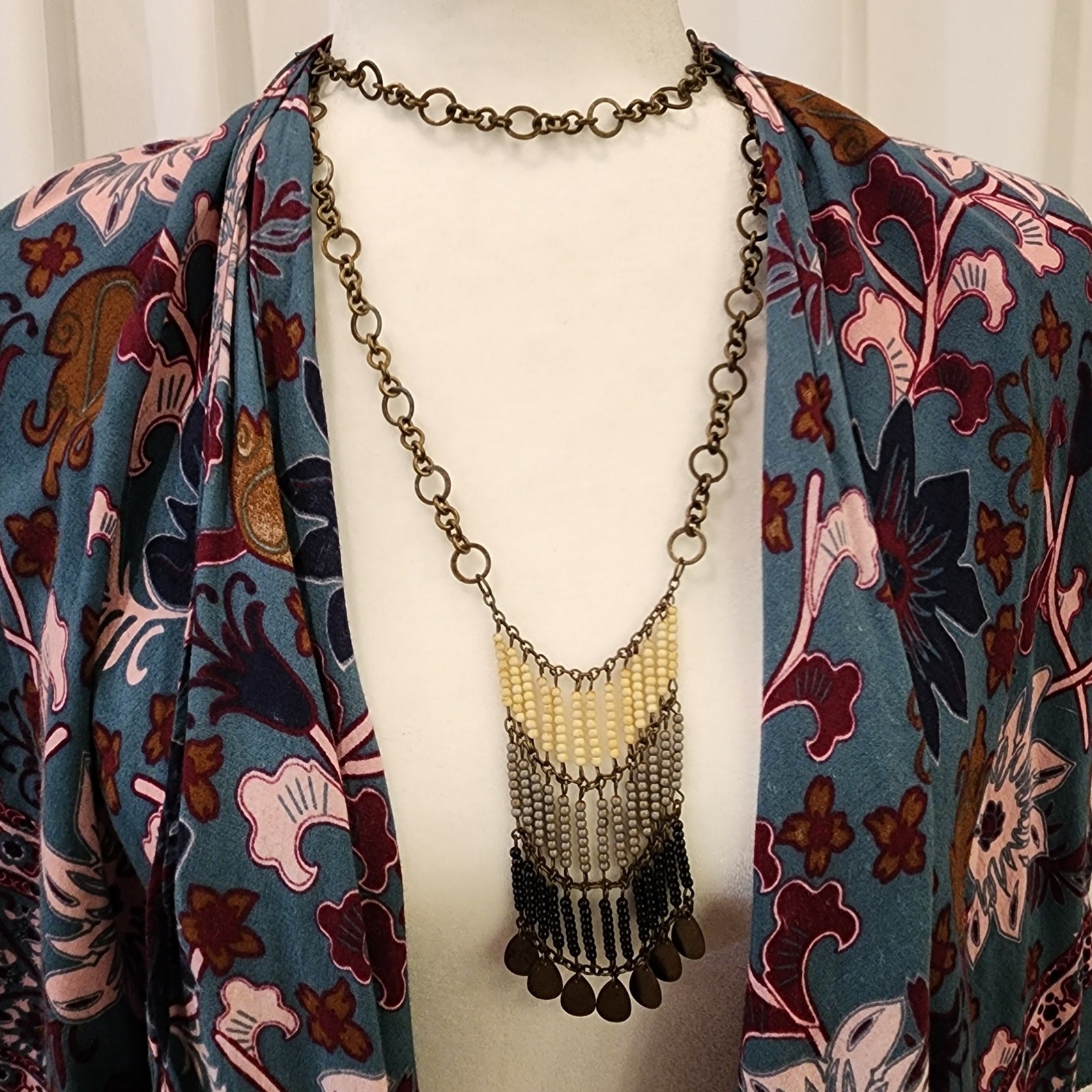 1970s Boho Fringe Beaded Necklace Brass Coin Dangles 38” Long Layering Chain