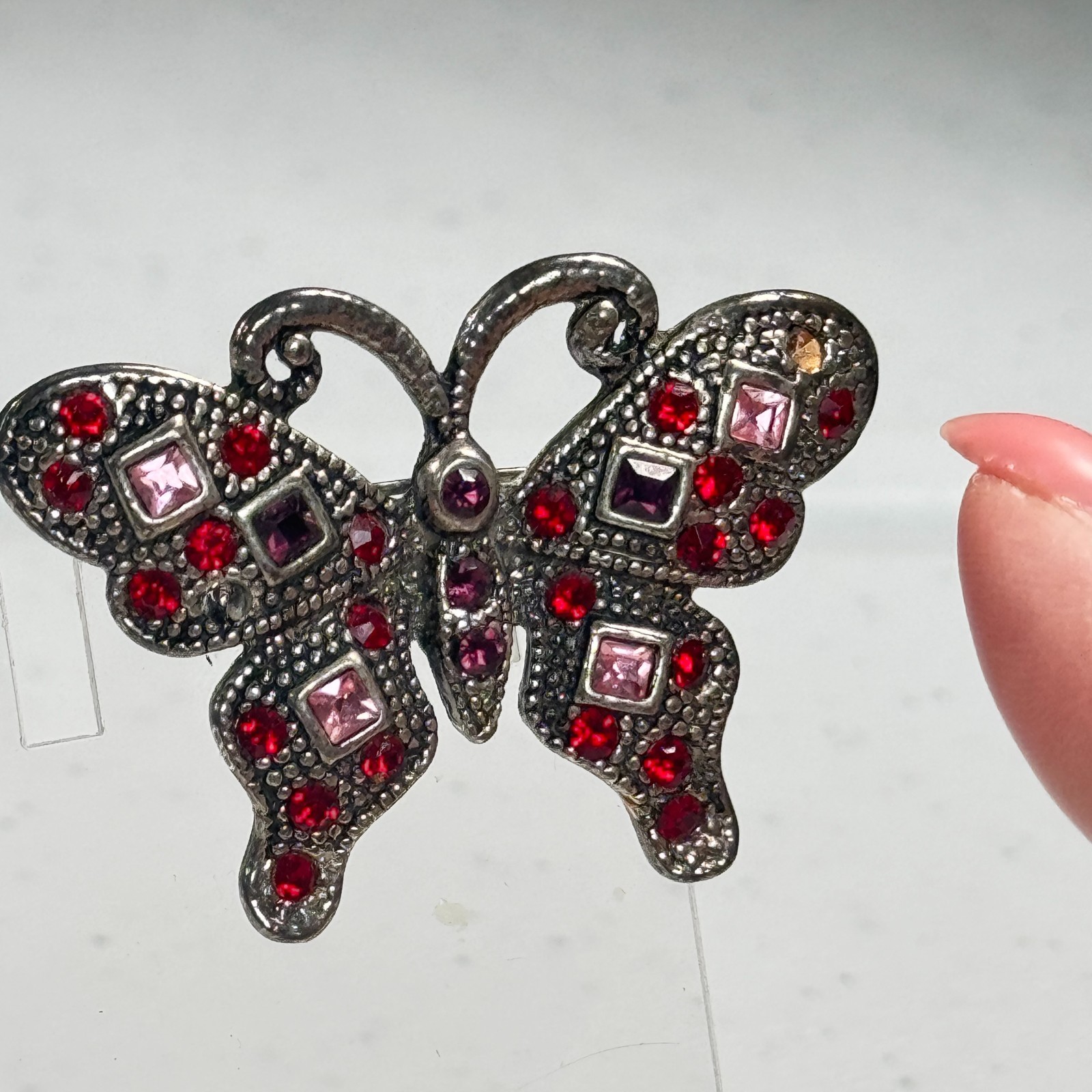 Vintage Brooch Butterfly Gunmetal Red Pink Rhinestone Pavé Statement Pin mcm