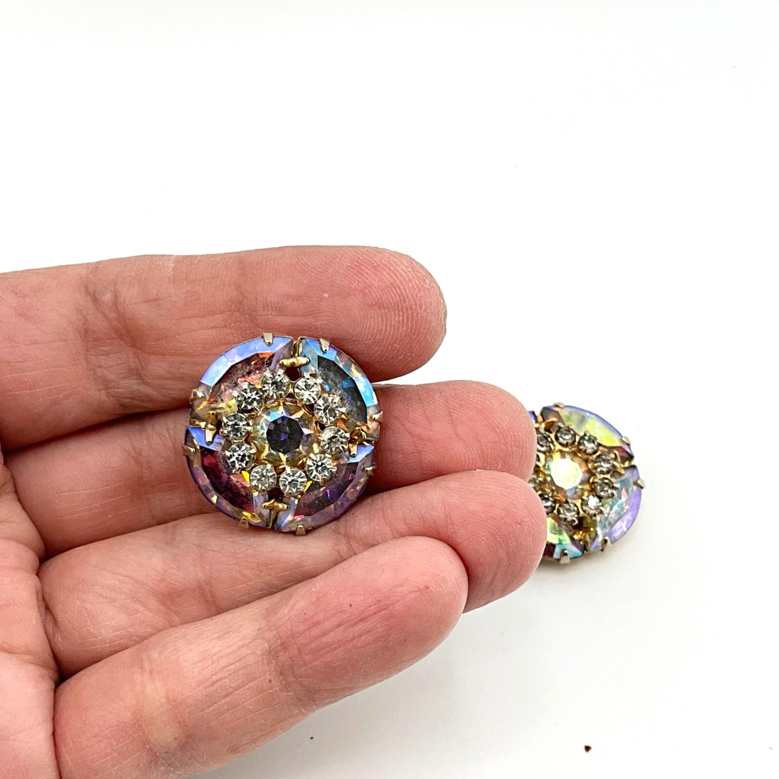 Vintage Aurora Borealis Crystal Earrings Mid Century Hollywood Regency Glam