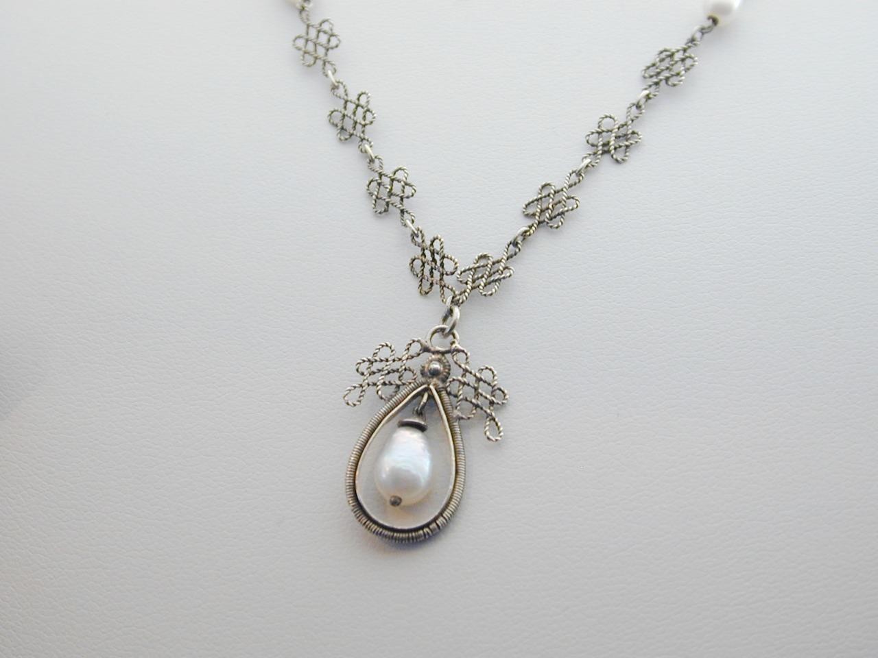 Delicate Sterling Celtic Knot Rope Link FW Pearl Lavalier Necklace 17 1/8