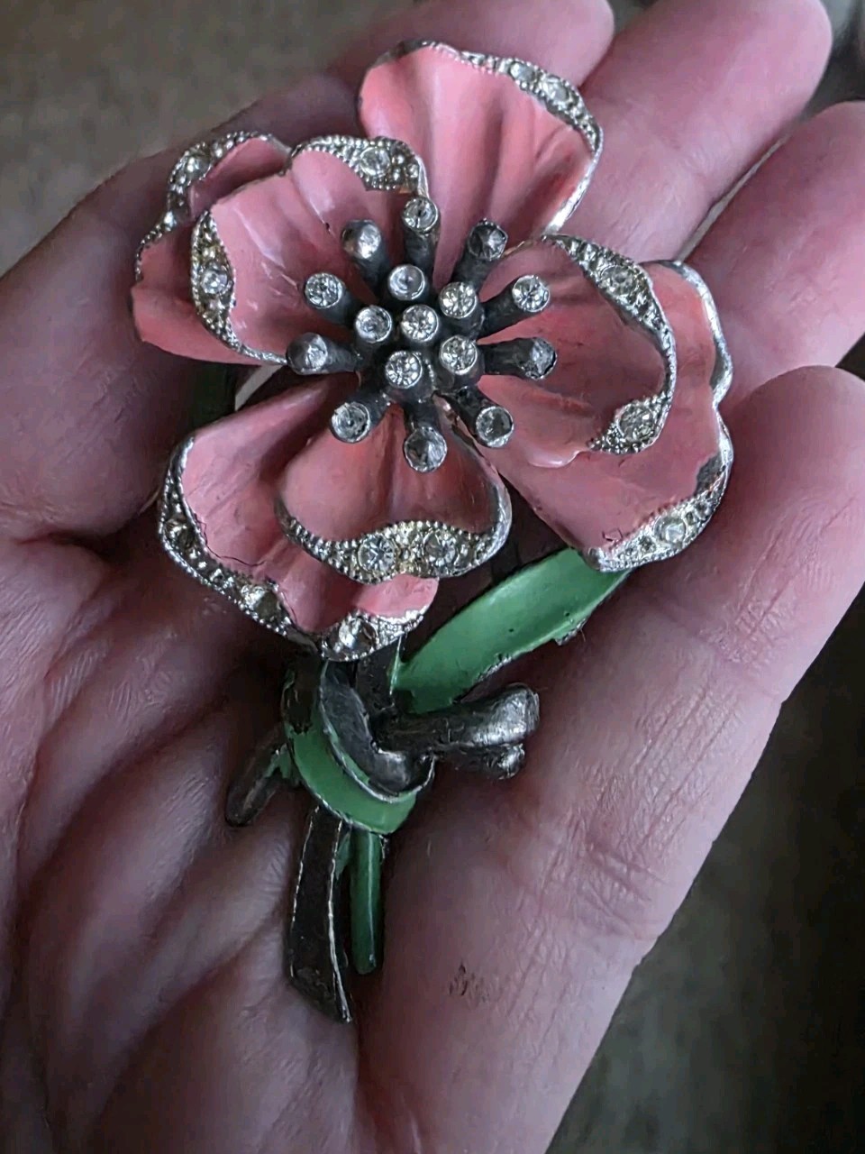 New England Glass Works Trembler Brooch Peach Flower Enamel Pot Metal