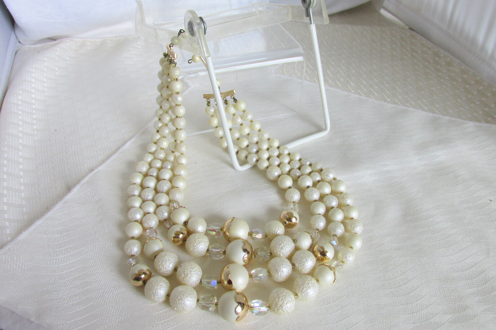 Cream AB Crystal Beads Bib Choker Necklace Textured Satin Vintage Retro JAPAN